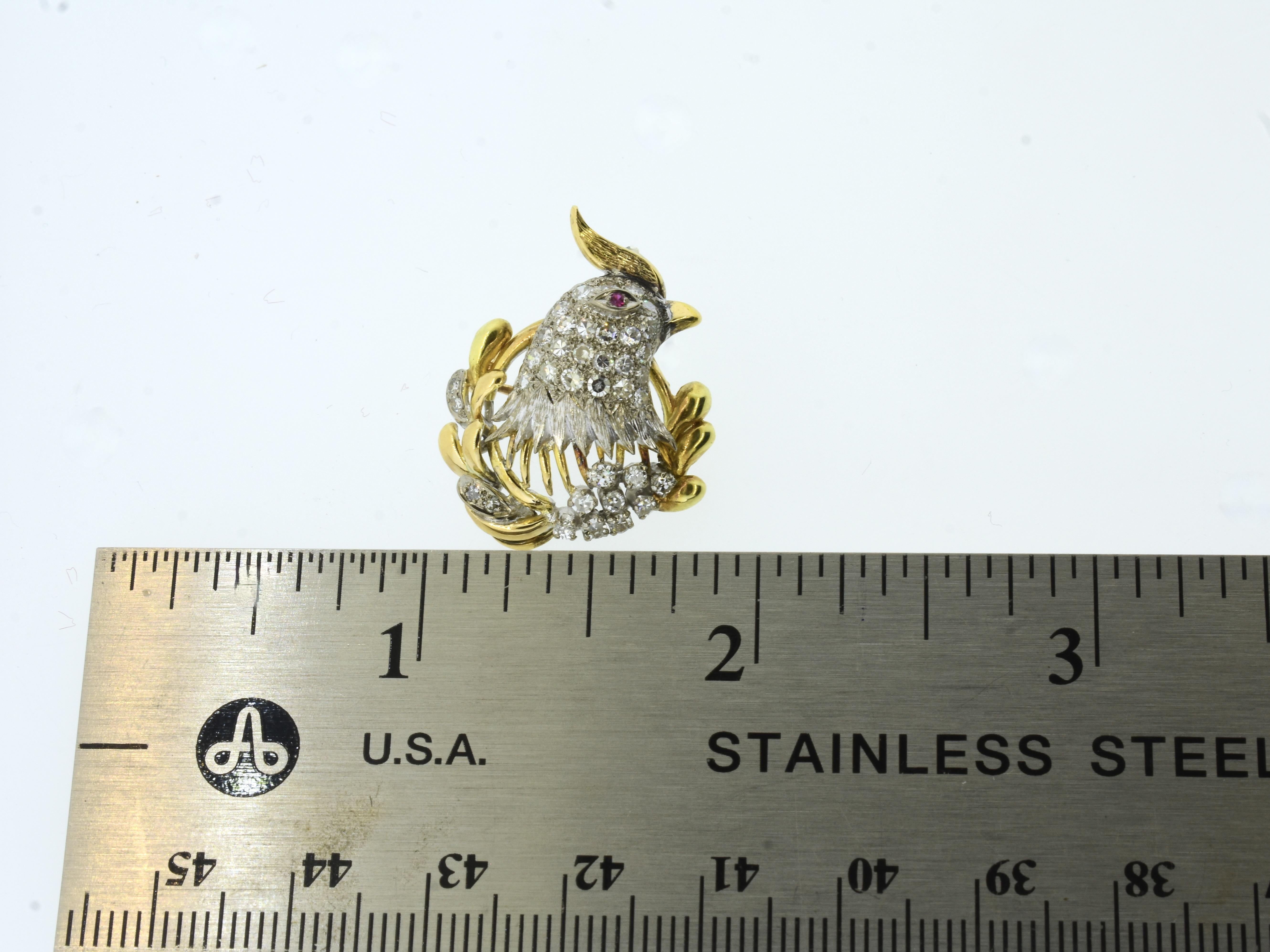 Cockatiel Vintage Anstecknadel/Anhänger aus Platin und 18 Karat Gelbgold, Diamant und Rubin im Angebot 10