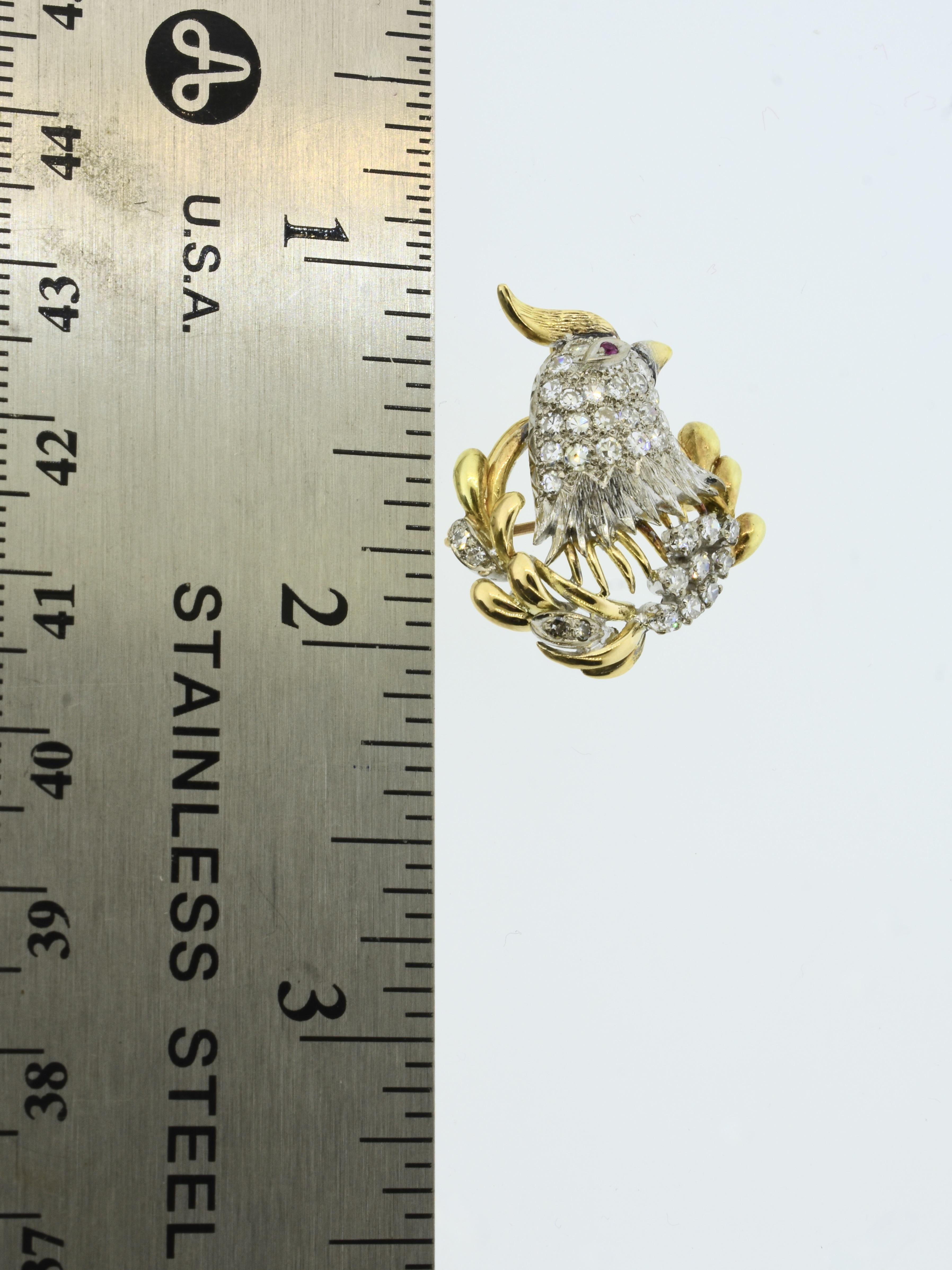 Cockatiel Vintage Anstecknadel/Anhänger aus Platin und 18 Karat Gelbgold, Diamant und Rubin im Angebot 11