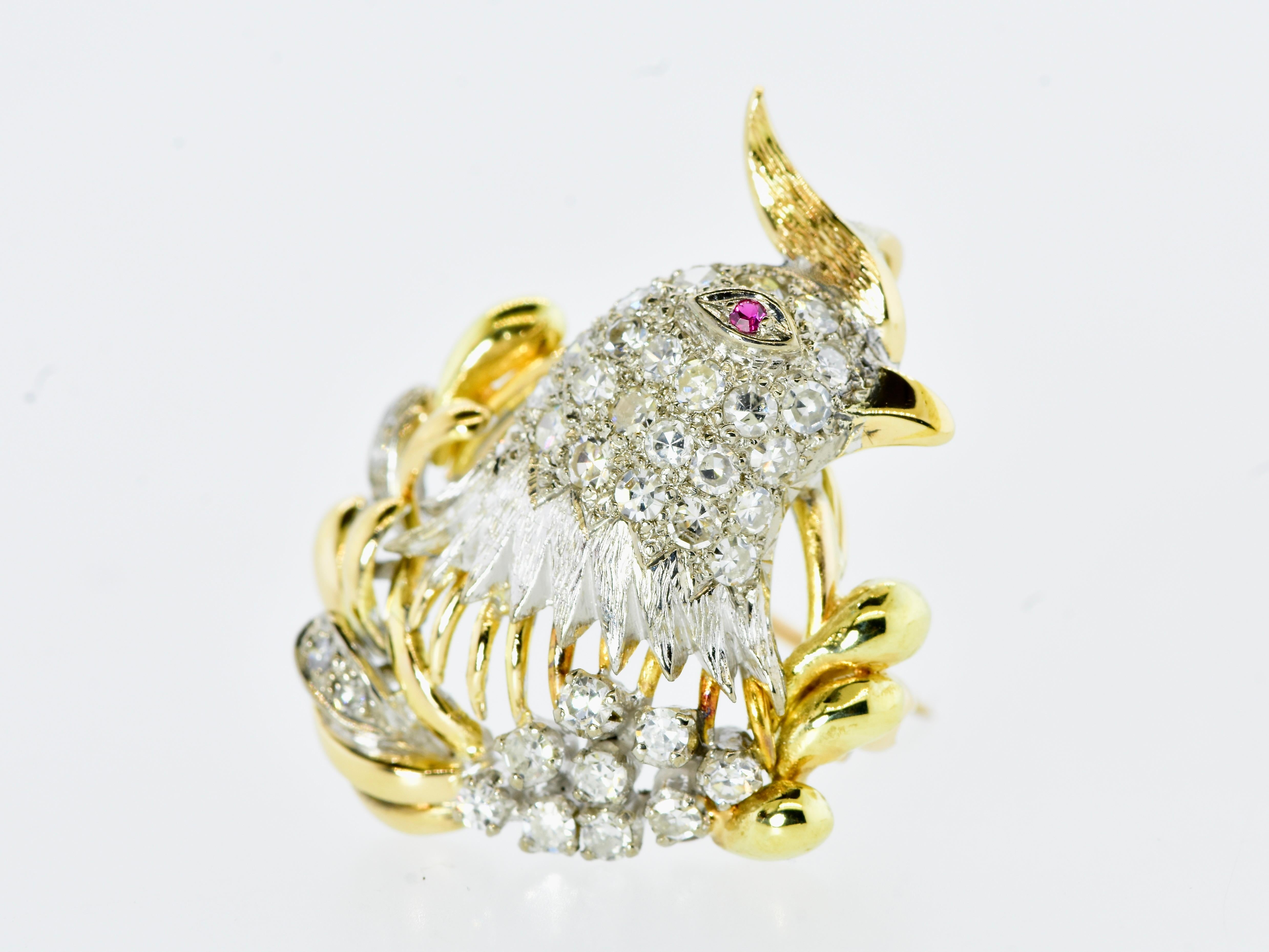 Cockatiel Vintage Anstecknadel/Anhänger aus Platin und 18 Karat Gelbgold, Diamant und Rubin im Angebot 3