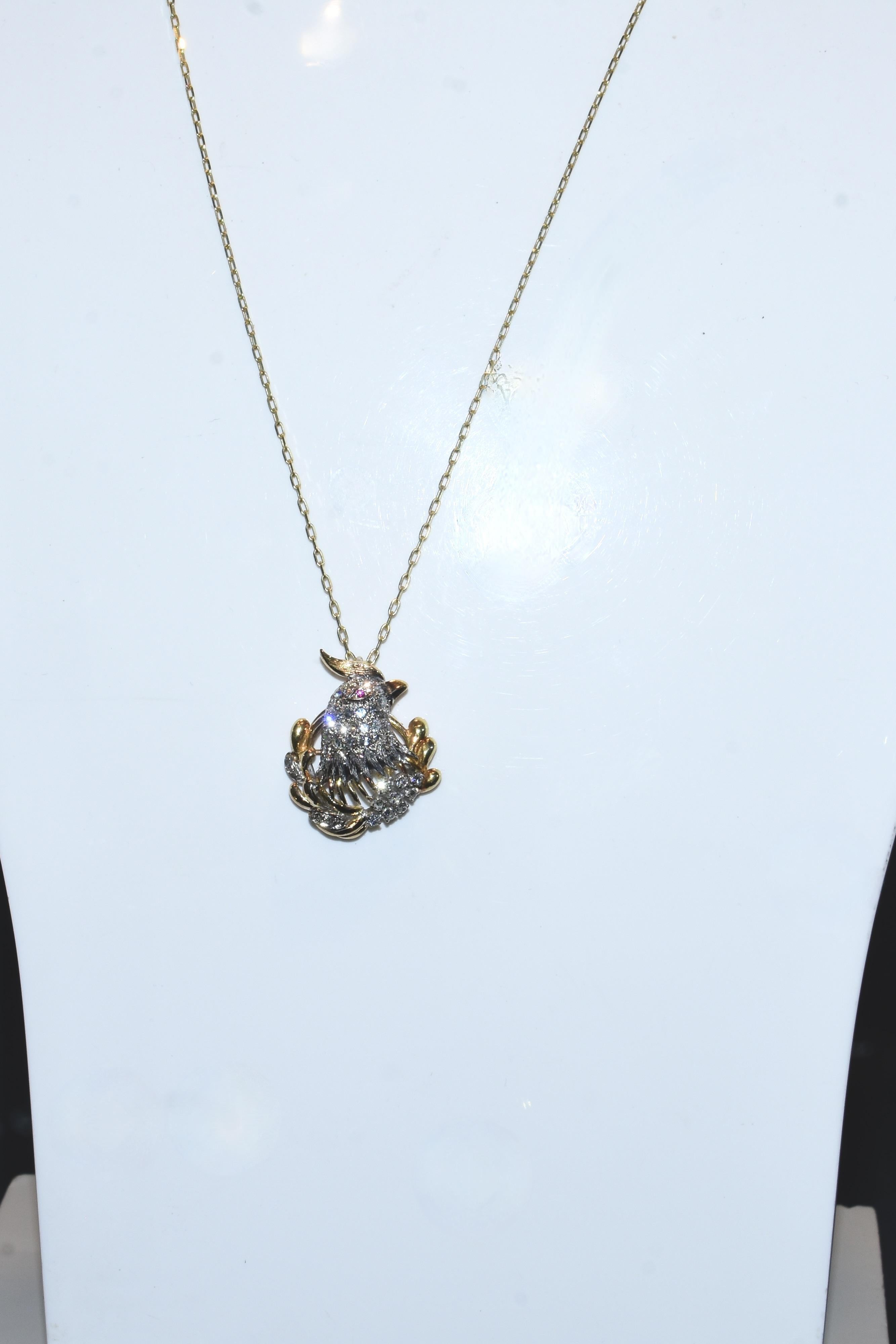 Cockatiel Vintage Anstecknadel/Anhänger aus Platin und 18 Karat Gelbgold, Diamant und Rubin im Angebot 4