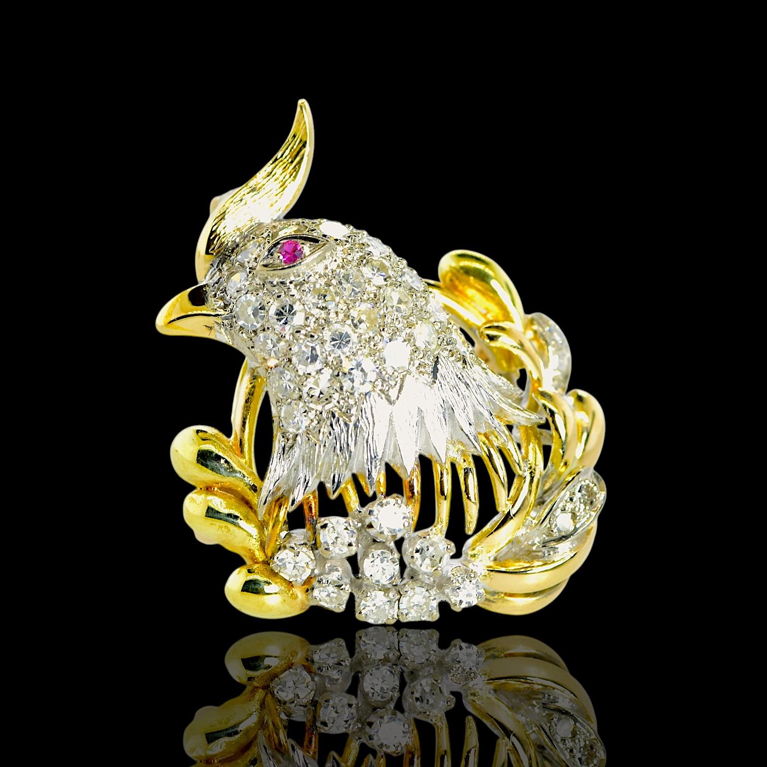 Cockatiel Vintage Anstecknadel/Anhänger aus Platin und 18 Karat Gelbgold, Diamant und Rubin im Zustand „Hervorragend“ im Angebot in Aspen, CO