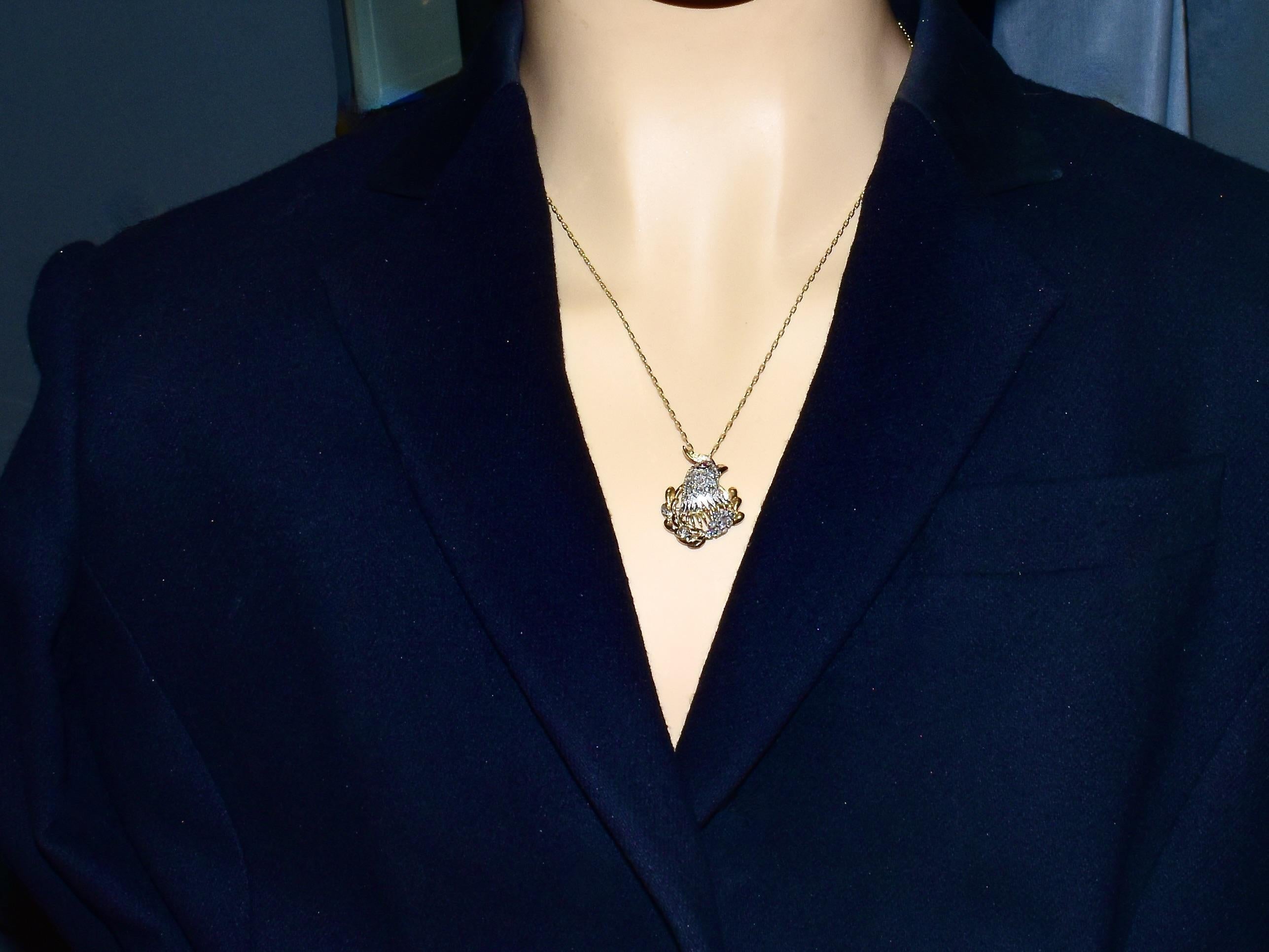 Cockatiel Vintage Anstecknadel/Anhänger aus Platin und 18 Karat Gelbgold, Diamant und Rubin im Angebot 2