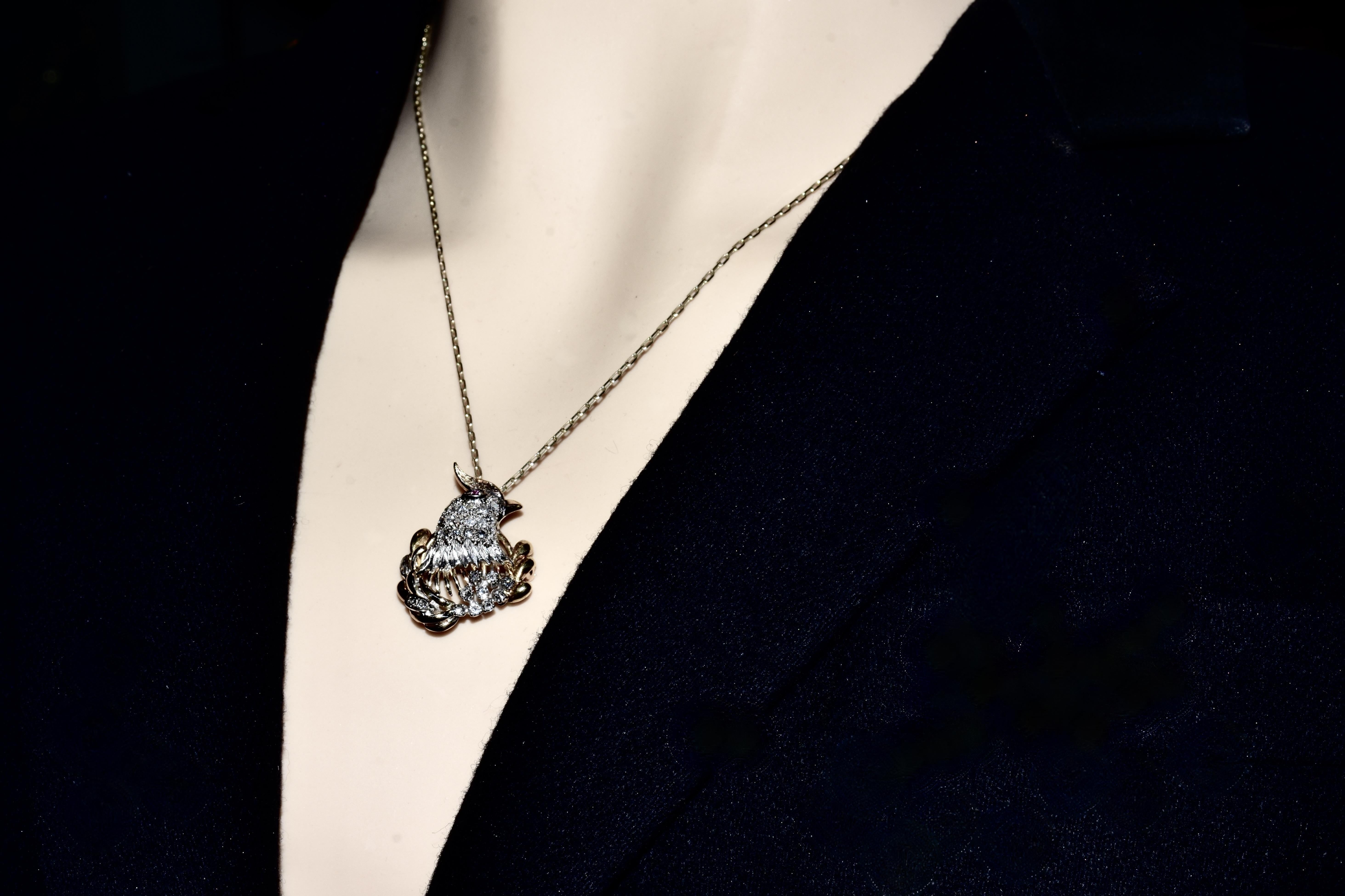 Cockatiel Vintage Anstecknadel/Anhänger aus Platin und 18 Karat Gelbgold, Diamant und Rubin im Angebot 6