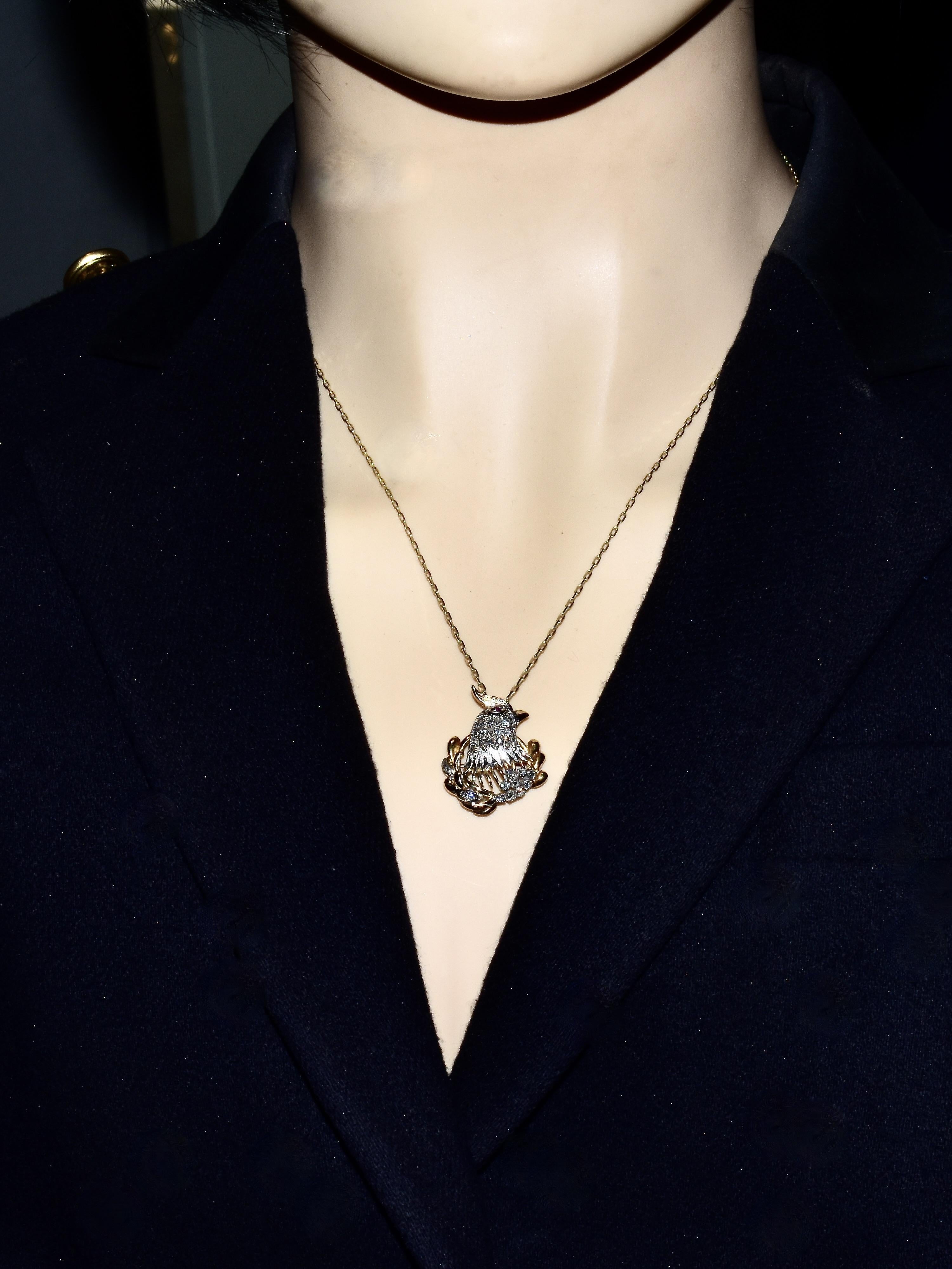 Cockatiel Vintage Anstecknadel/Anhänger aus Platin und 18 Karat Gelbgold, Diamant und Rubin im Angebot 7