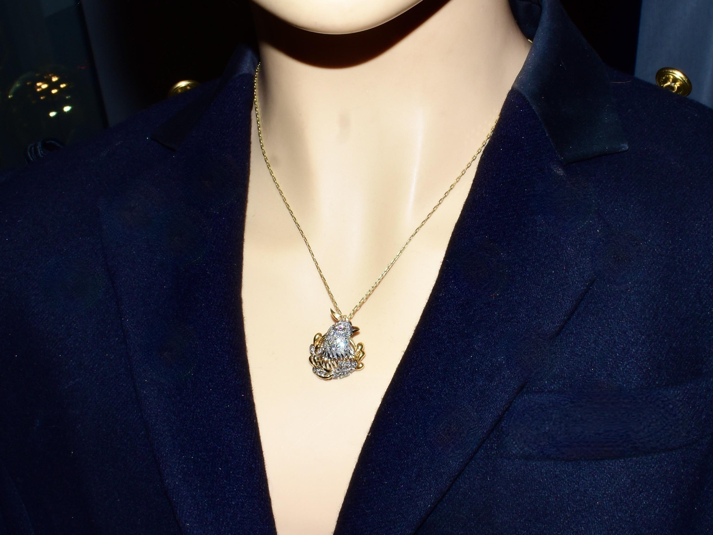 Cockatiel Vintage Anstecknadel/Anhänger aus Platin und 18 Karat Gelbgold, Diamant und Rubin im Angebot 8