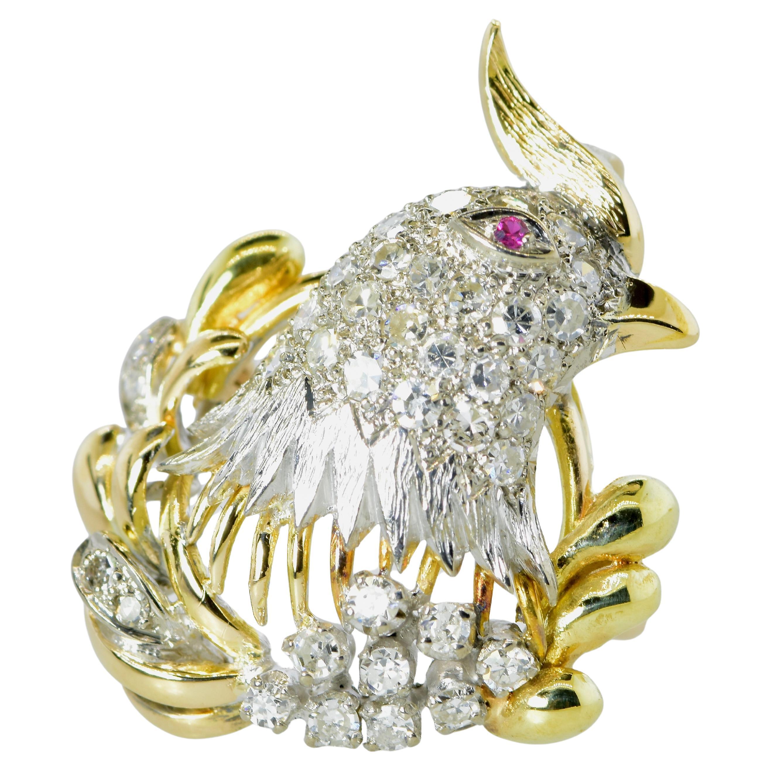 Cockatiel Vintage Anstecknadel/Anhänger aus Platin und 18 Karat Gelbgold, Diamant und Rubin (Brillantschliff) im Angebot