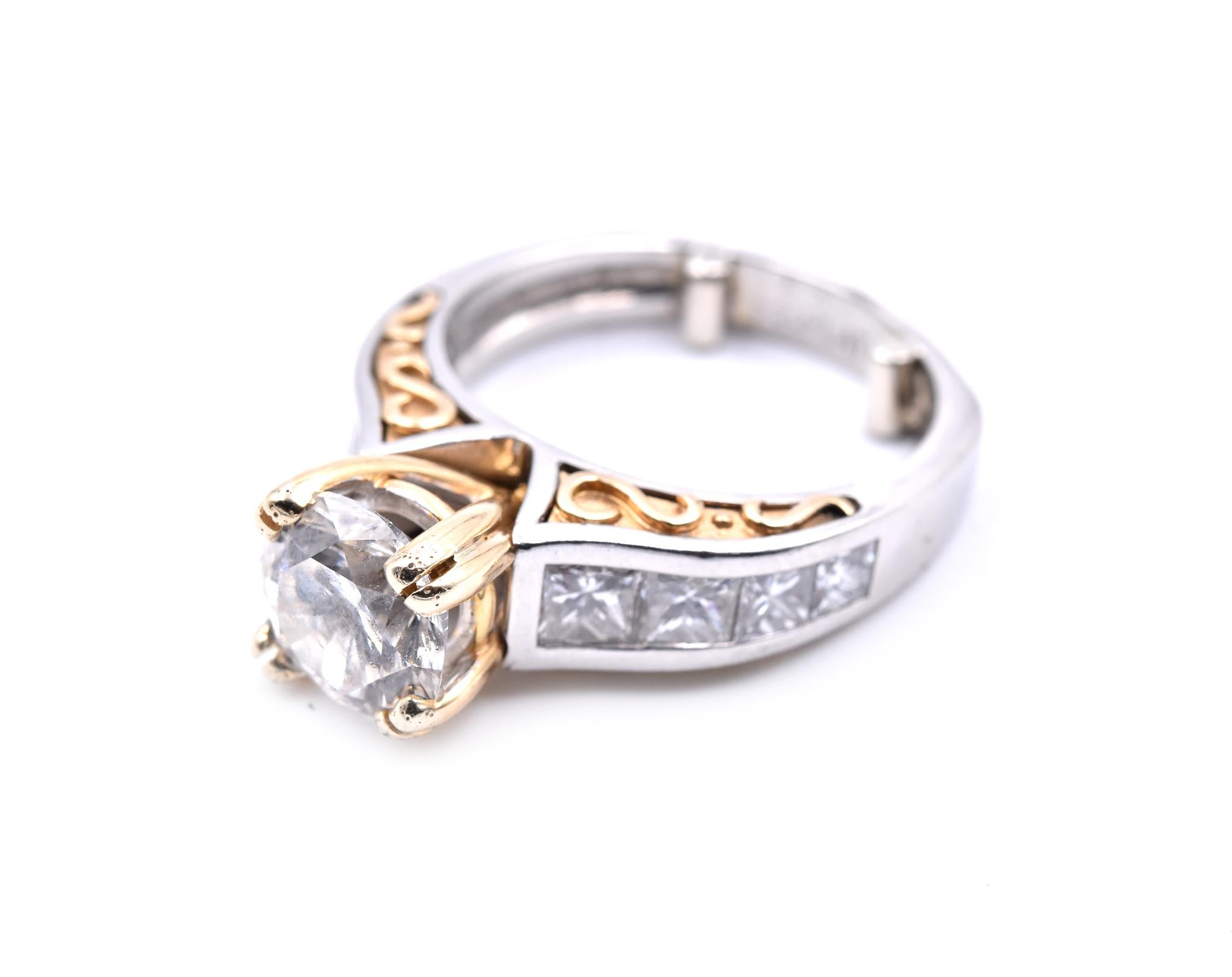 Round Cut Platinum and 18 Karat Yellow Gold Diamond Engagement Ring