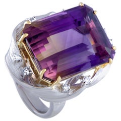 Platinum and 18 Karat Yellow Gold Diamonds and Rectangle Ametrine Large Ring
