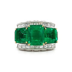 Bague en platine et or jaune 18K avec trio d'émeraudes et diamants