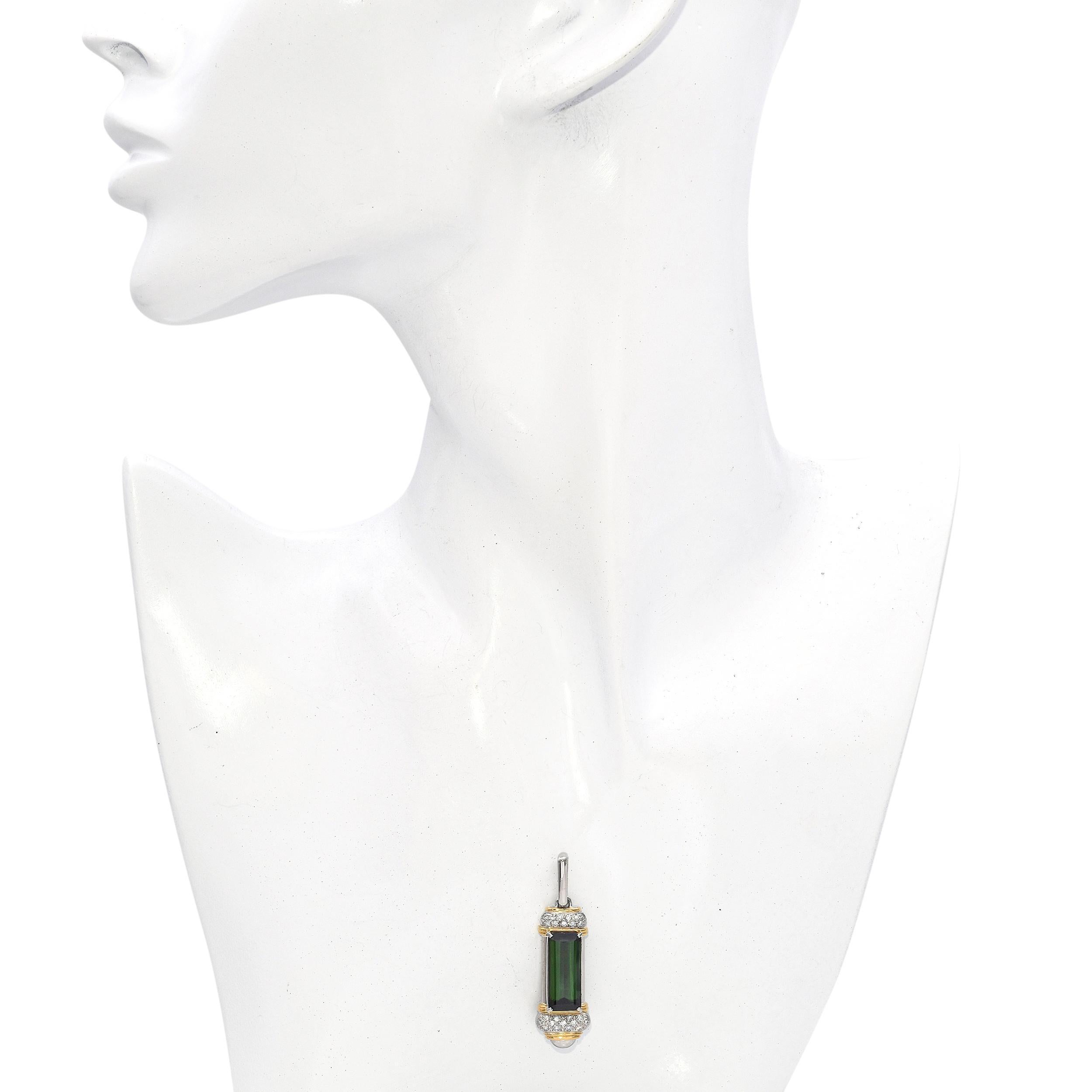 Taille brillant Pendentif en platine et or jaune 18k Tourmaline verte et diamant en vente