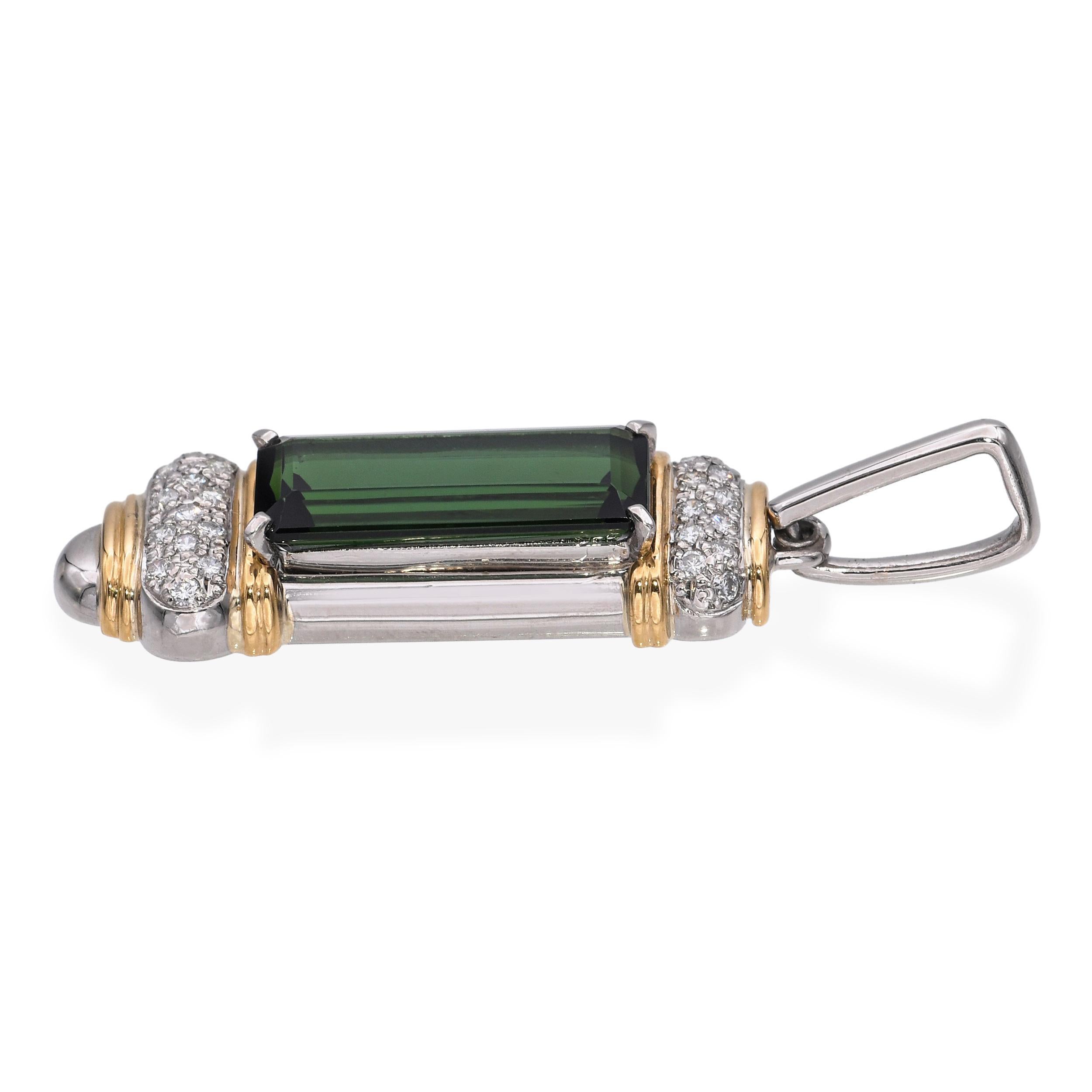 Pendentif en platine et or jaune 18k Tourmaline verte et diamant Pour femmes en vente