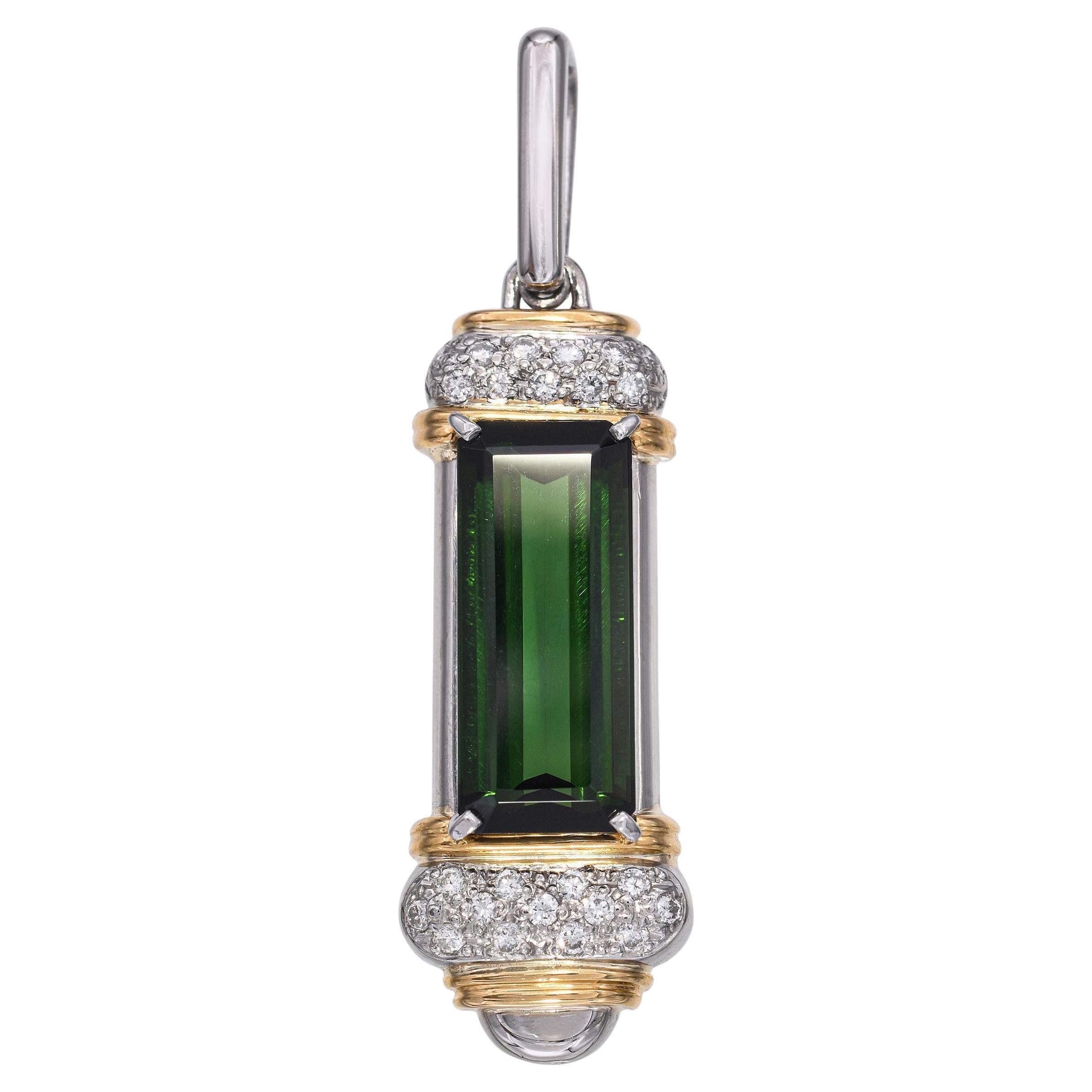 Pendentif en platine et or jaune 18k Tourmaline verte et diamant