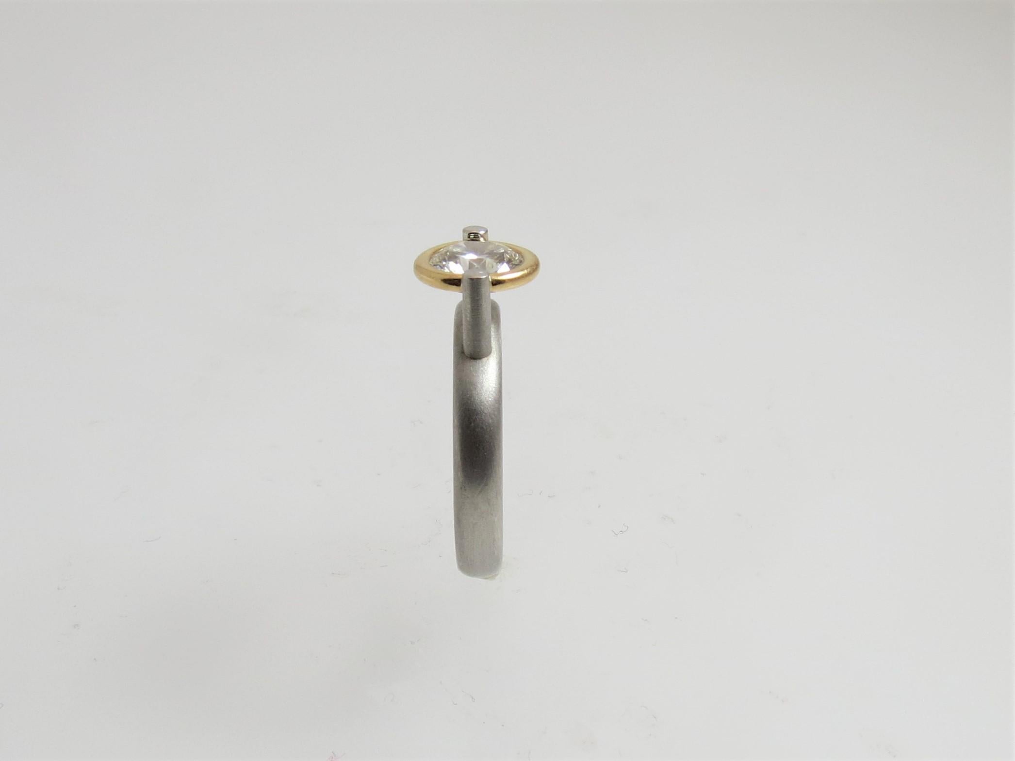 Contemporary Platinum and 18 Karat Gold Ring by Whitney Boin with 1.24 Carat Round Diamond