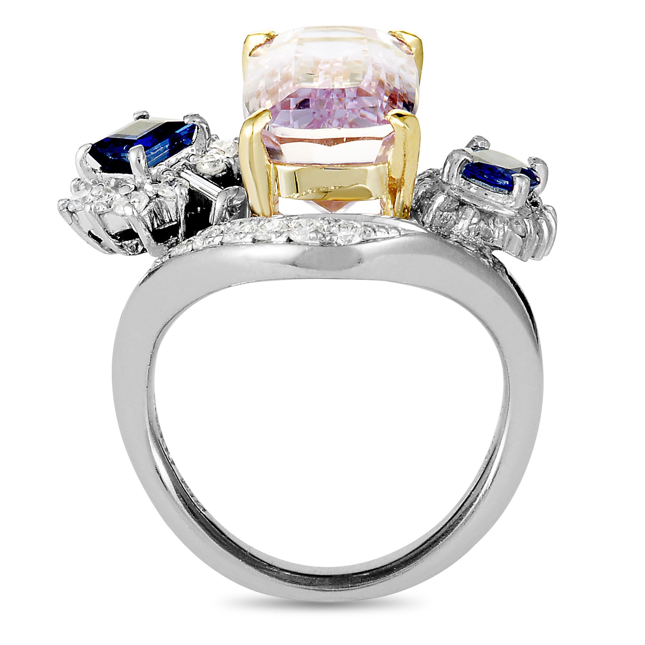 This mesmerizing platinum and 18K yellow gold ring compels with its incredible design. The fabulous ring is decorated with 0.14 carats of sparkling diamonds, 0.85 carats of captivating sapphires, and a spectacular kunzite, weighing 7.64 carats.
Ring