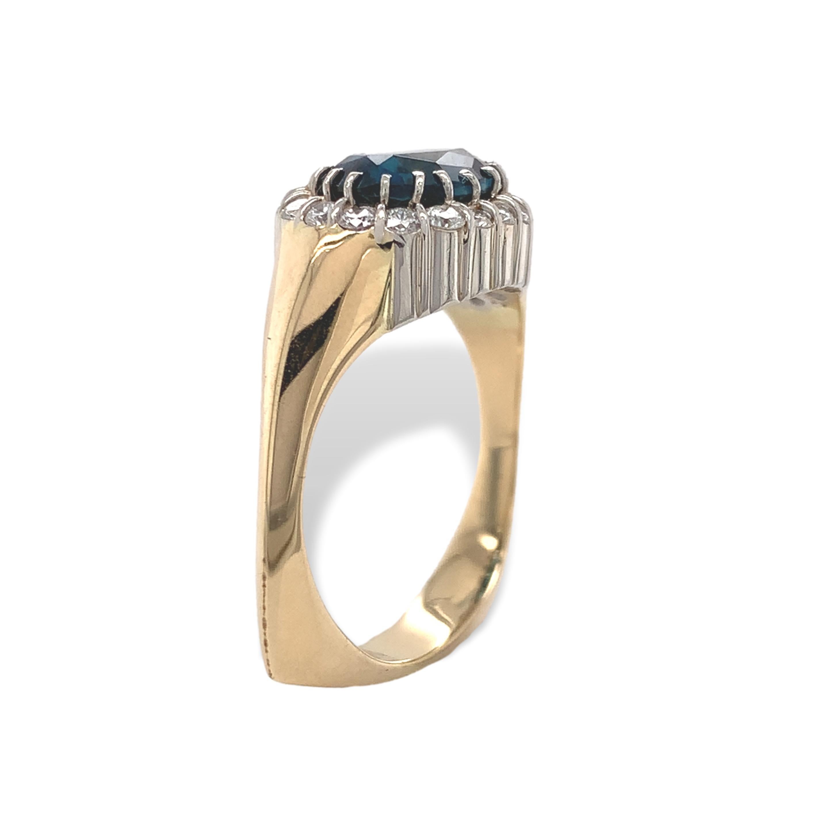 Oval Cut Platinum and 18K Yellow Gold Teal Blue Topaz and Diamond Ring size 6 For Sale