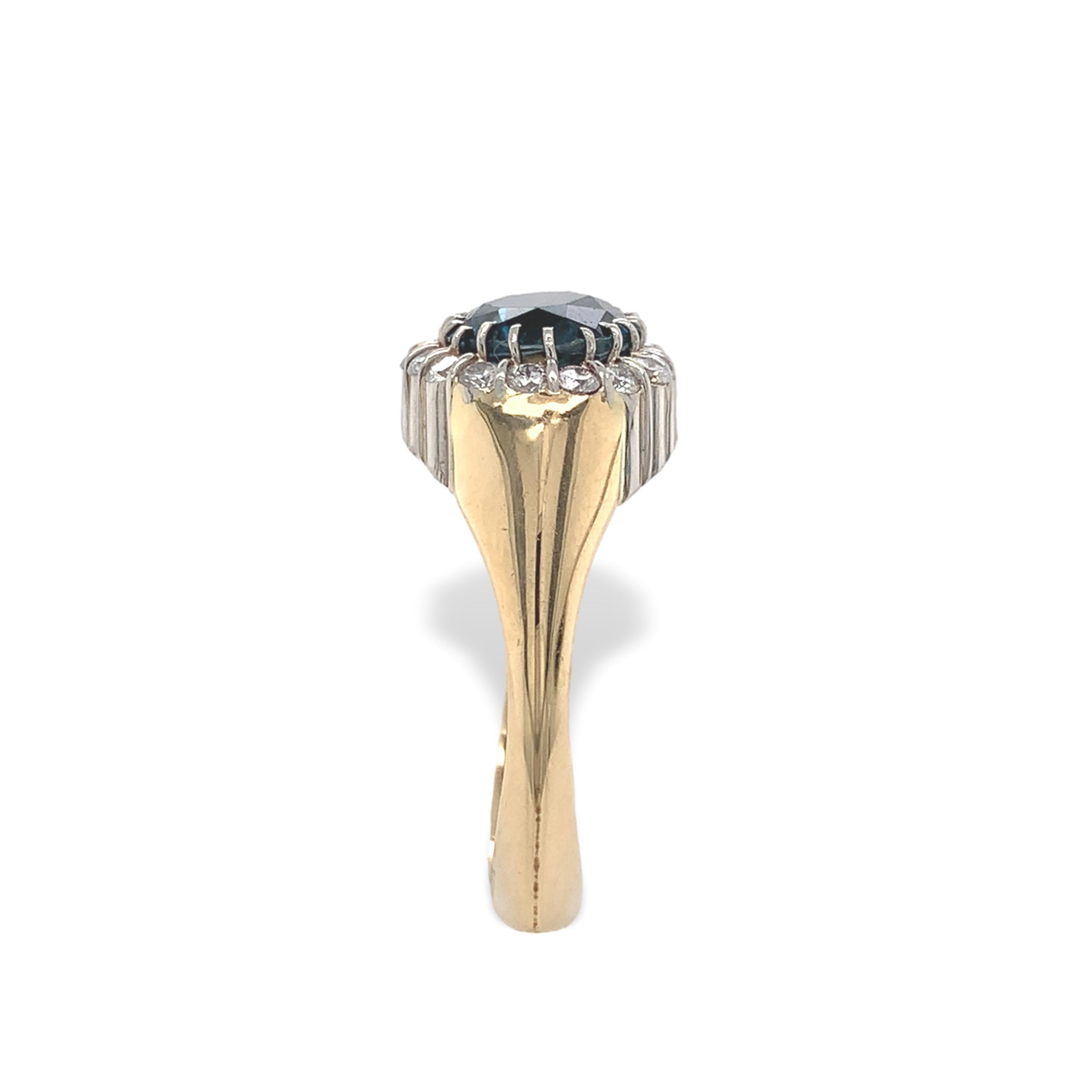 Platinum and 18K Yellow Gold Teal Blue Topaz and Diamond Ring size 6 In Good Condition For Sale In Big Bend, WI