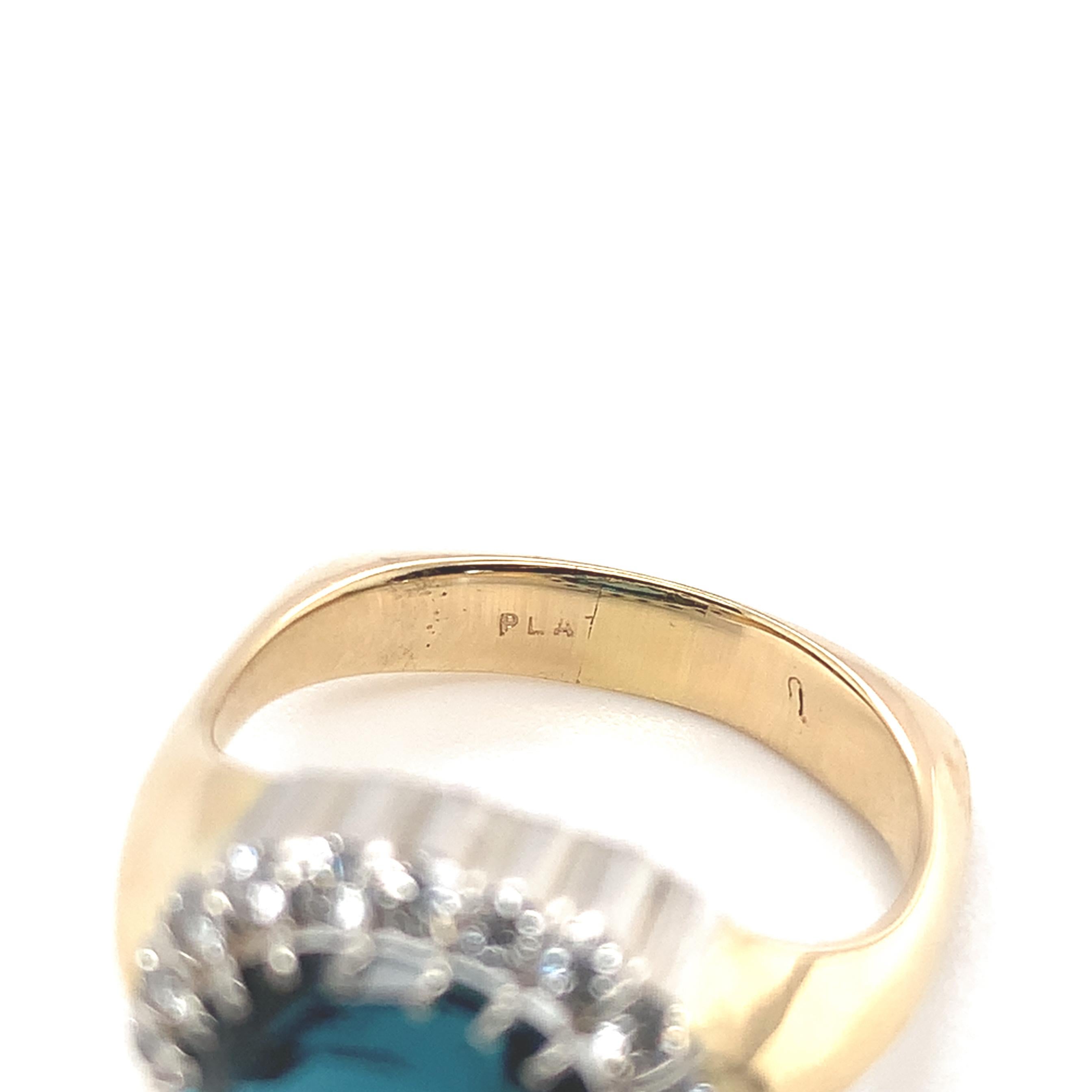 Platinum and 18K Yellow Gold Teal Blue Topaz and Diamond Ring size 6 For Sale 4