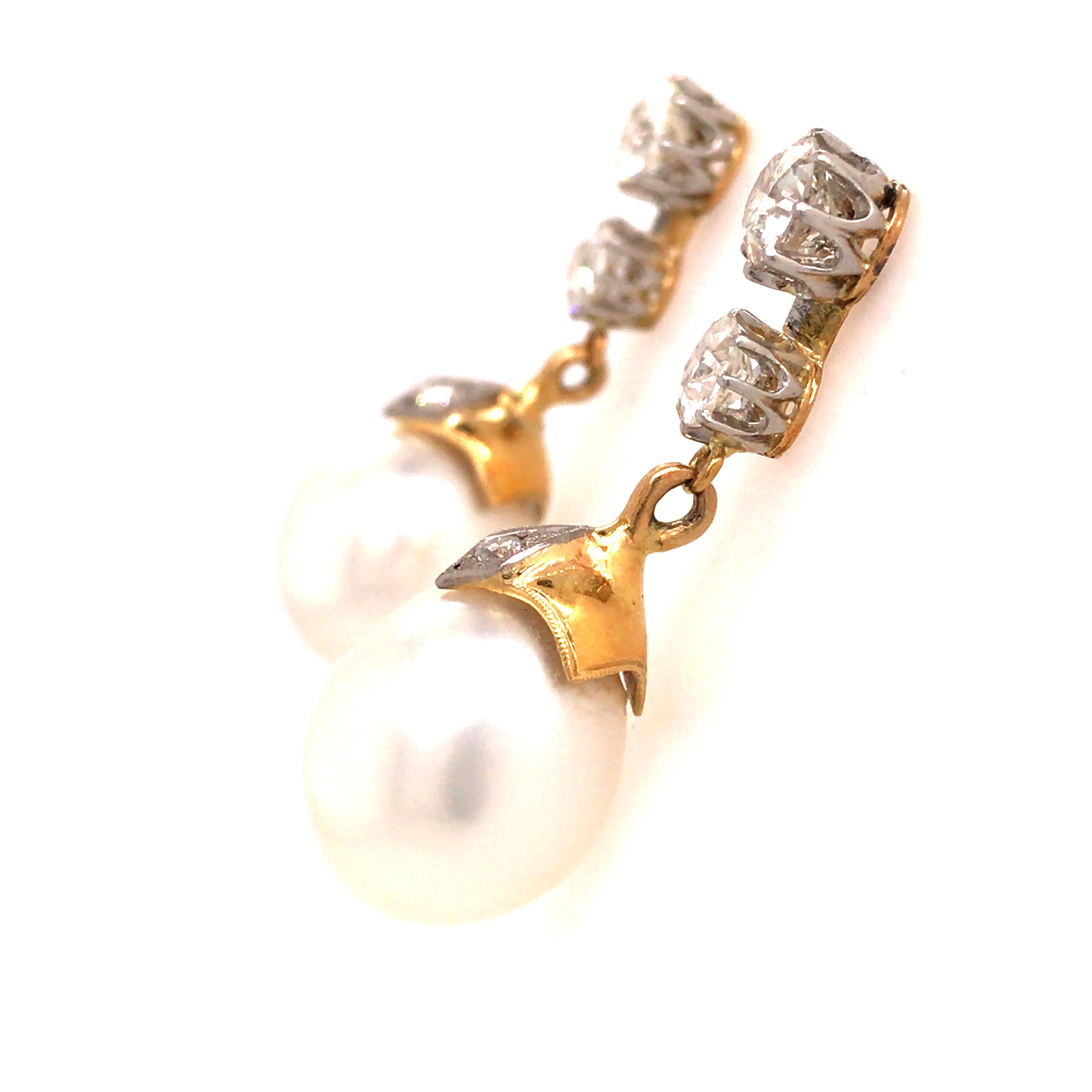 Round Cut Platinum and 18K Yellow Gold Vintage Diamond and Pearl Drop Earrings For Sale