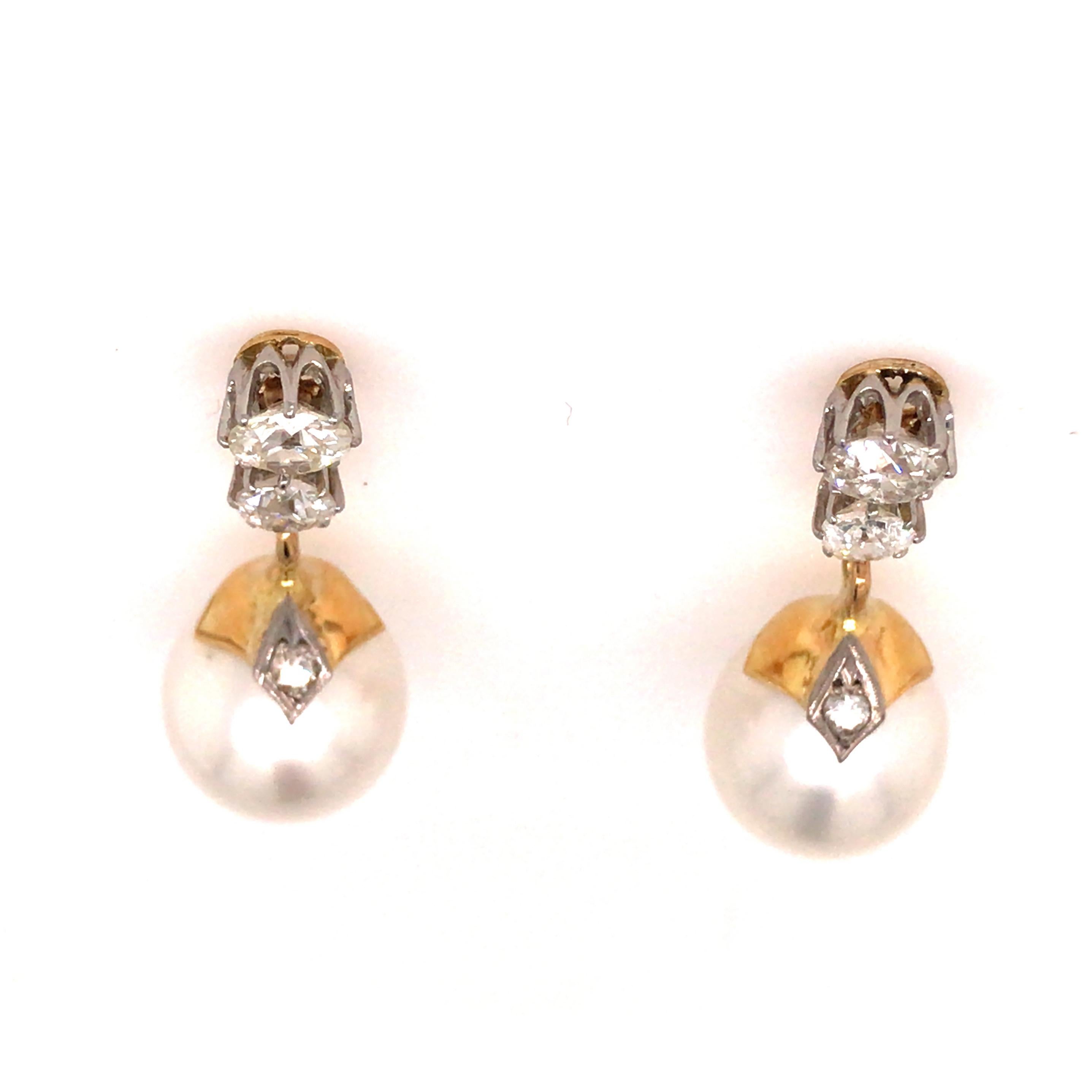 Platinum and 18K Yellow Gold Vintage Diamond and Pearl Drop Earrings In Good Condition For Sale In Boca Raton, FL