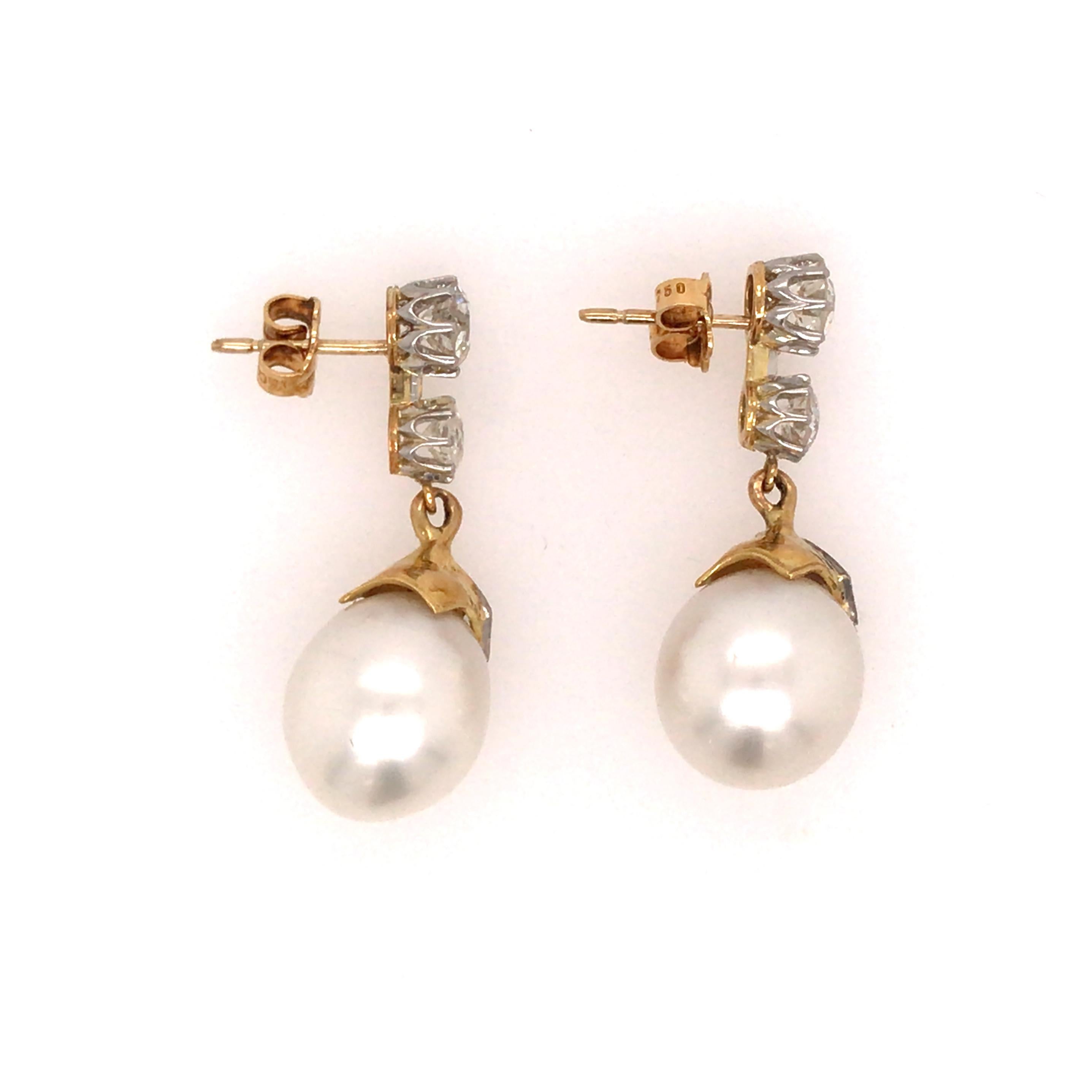 Women's Platinum and 18K Yellow Gold Vintage Diamond and Pearl Drop Earrings For Sale