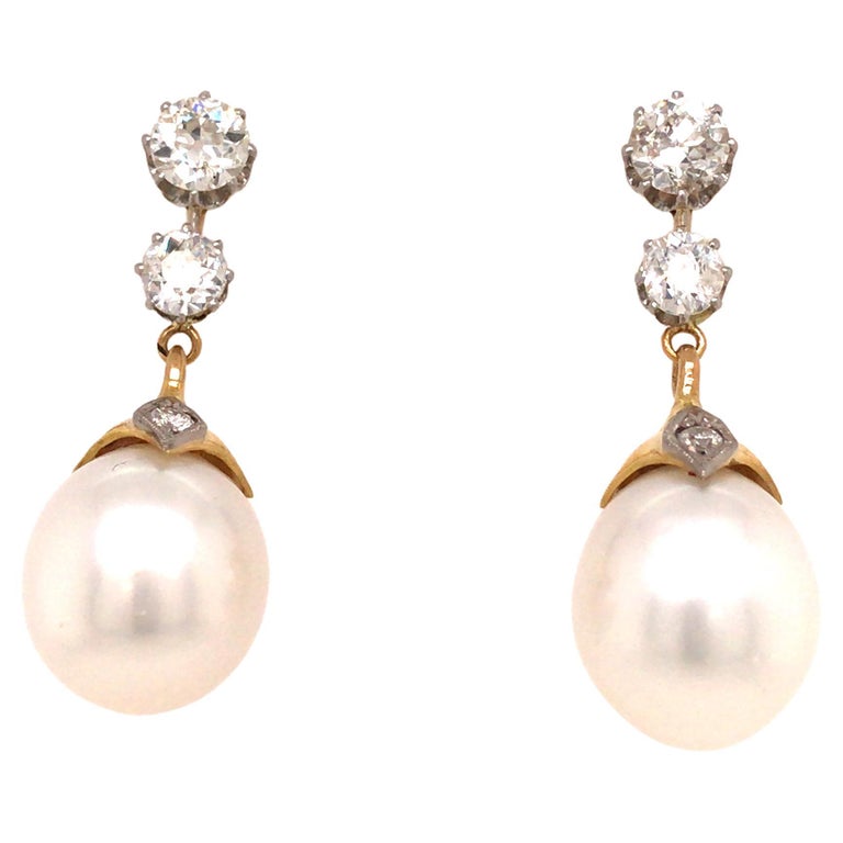 Platinum and 18K Yellow Gold Vintage Diamond and Pearl Drop Earrings For Sale