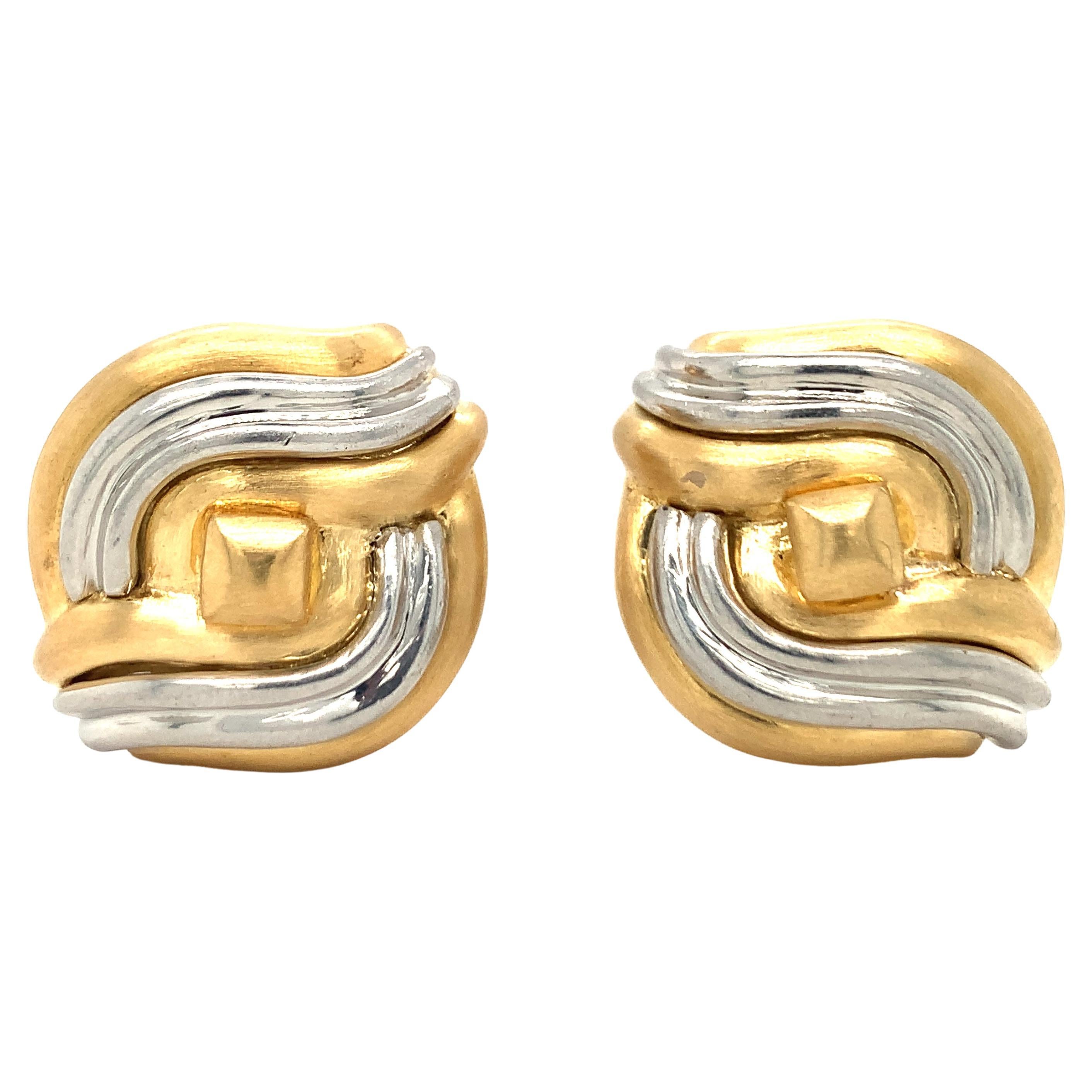 Platinum and 18k Yellow Gold Wave Motif Earrings For Sale