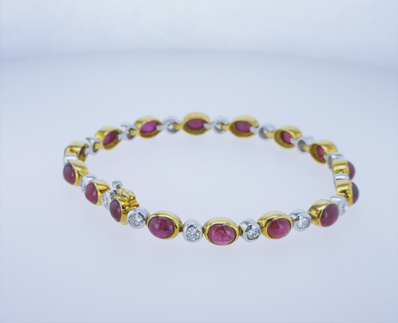 Modern Platinum and 18k YG TT Ruby Cabochon Bracelet For Sale