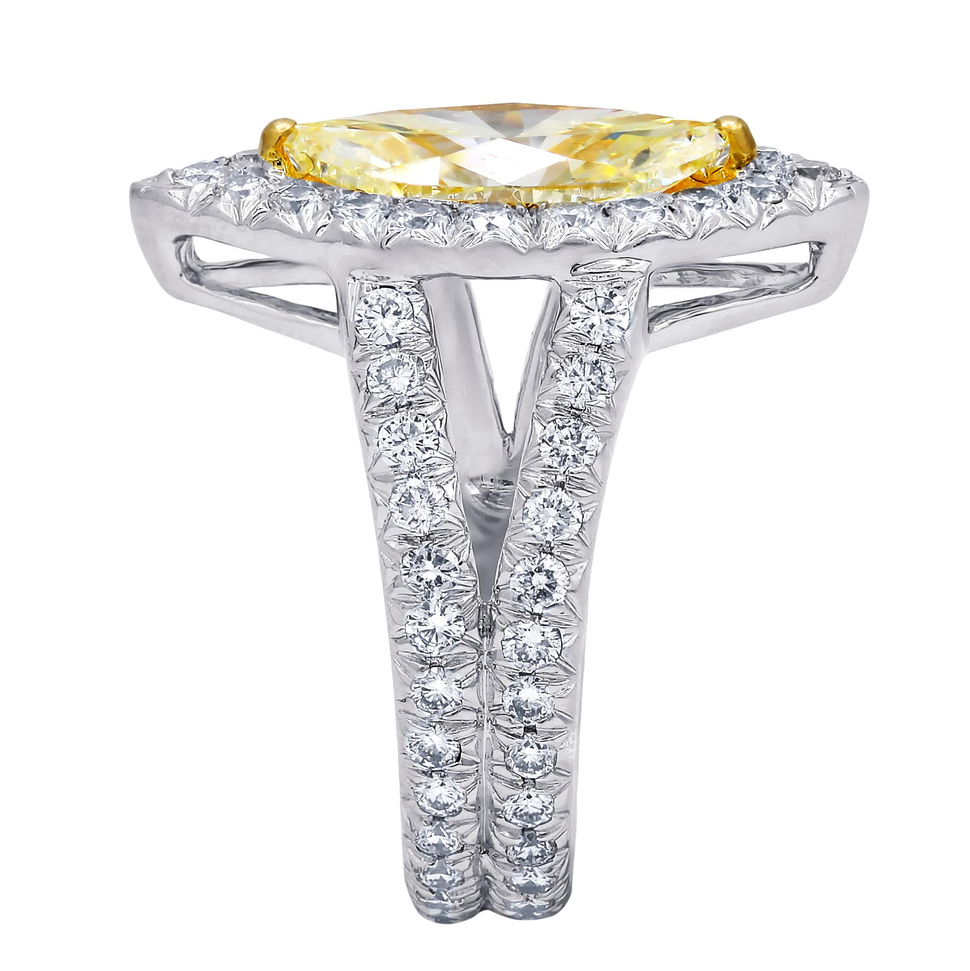 Marquise Cut Platinum and 18kt Diamond Engagement Ring with Fancy Yellow For Sale