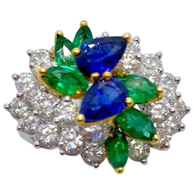 Platinum and 18KT Gold, 2.17Ct. Diamond, 1.13Ct. Sapphire & .89Ct. Emerald Ring For Sale