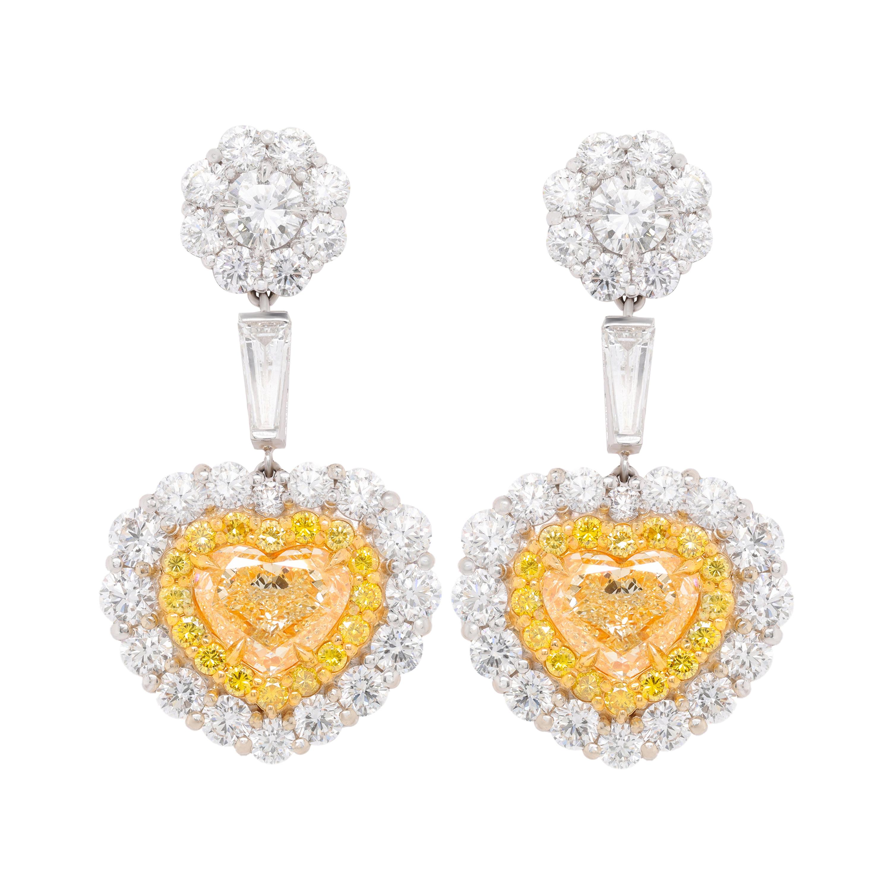 Platinum and 18kt Magnificent Earrings with Fancy Yellow Diamonds For Sale