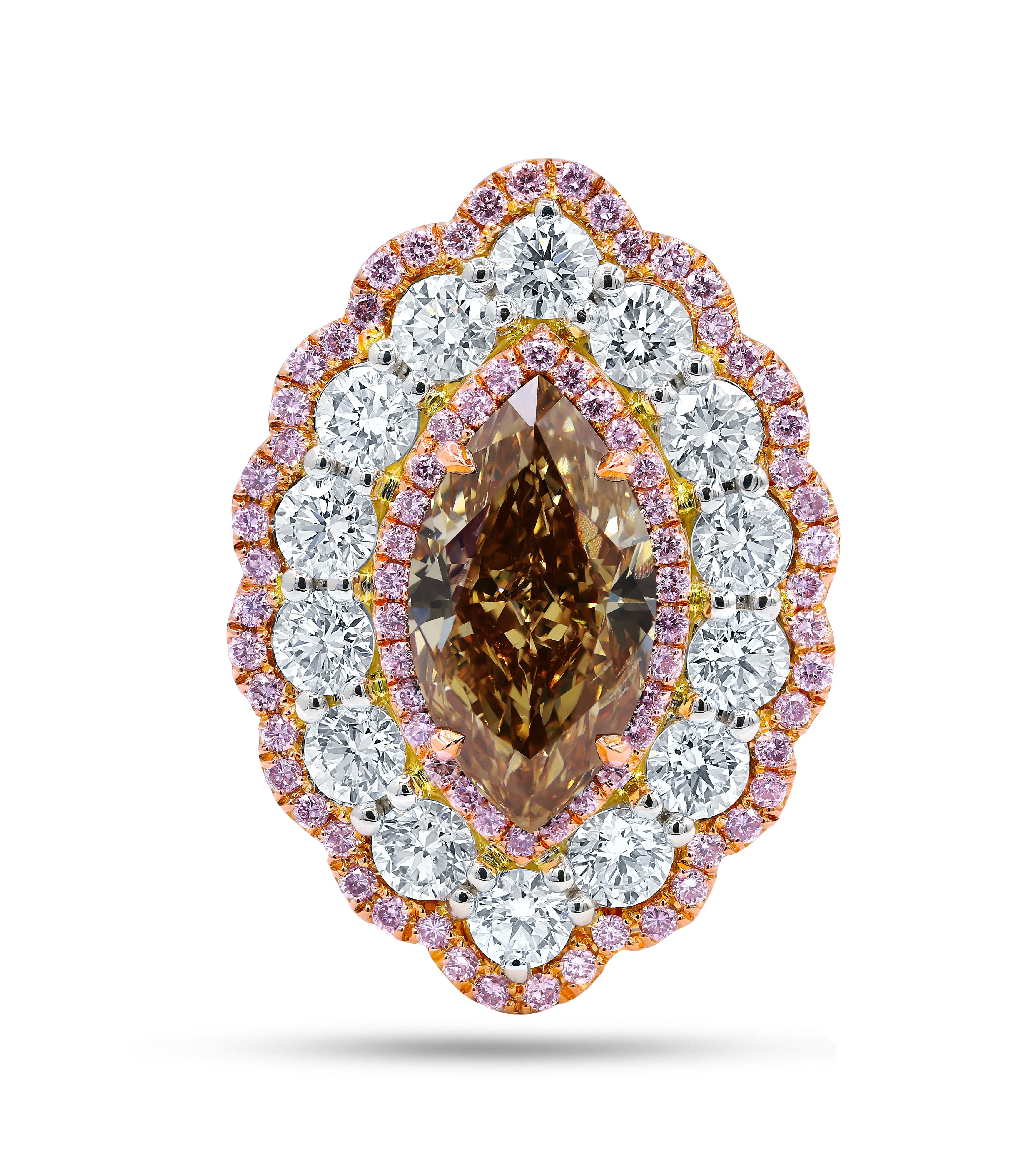 Platinum and 18kt rose gold fancy diamond ring with center fancy brown 5.03ct  marquee shape set in a halo from pink diamonds in micro pave diamond setting with 4.86cts of white big diamonds.
