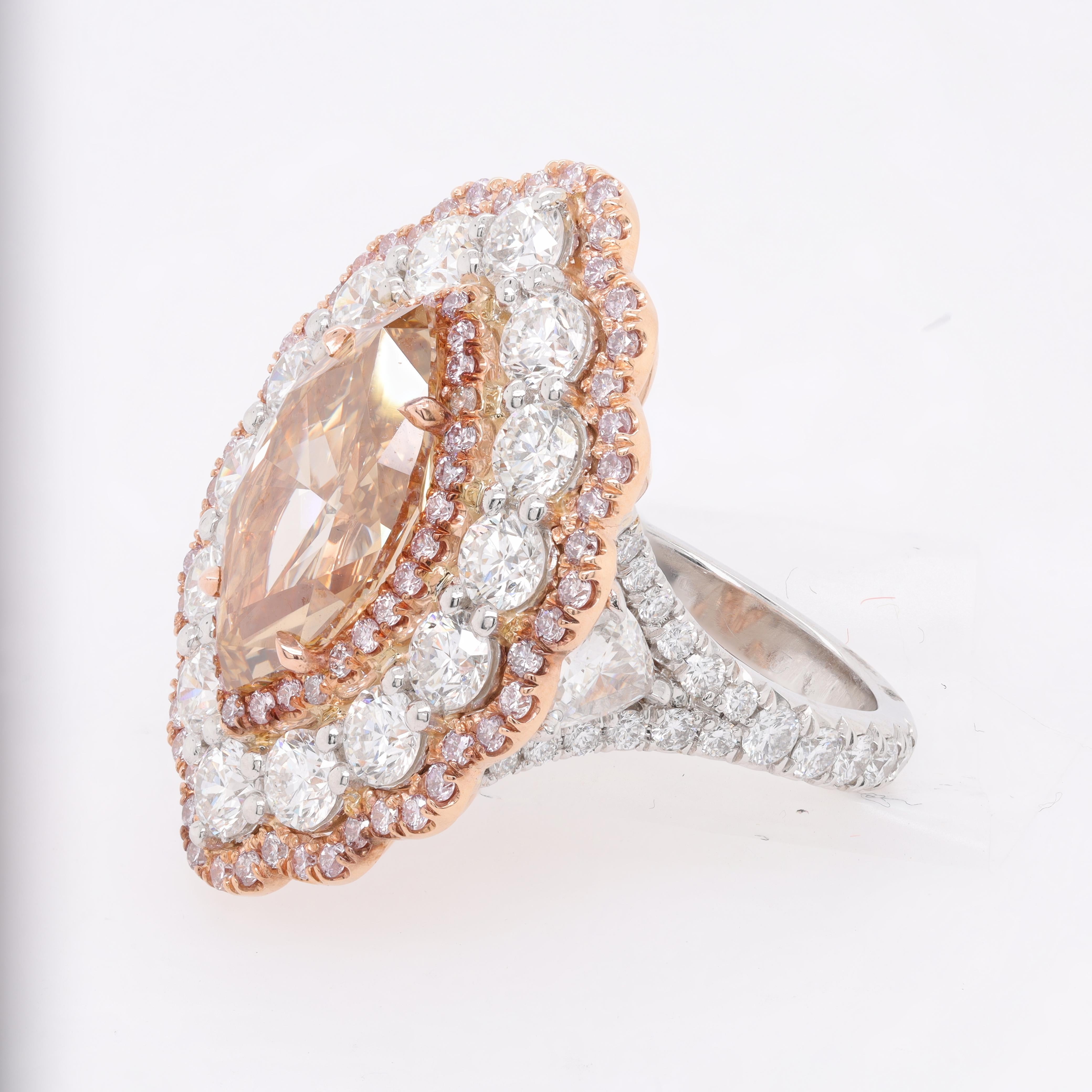 Marquise Cut Platinum and 18kt Rose Gold Fancy Diamond Ring For Sale