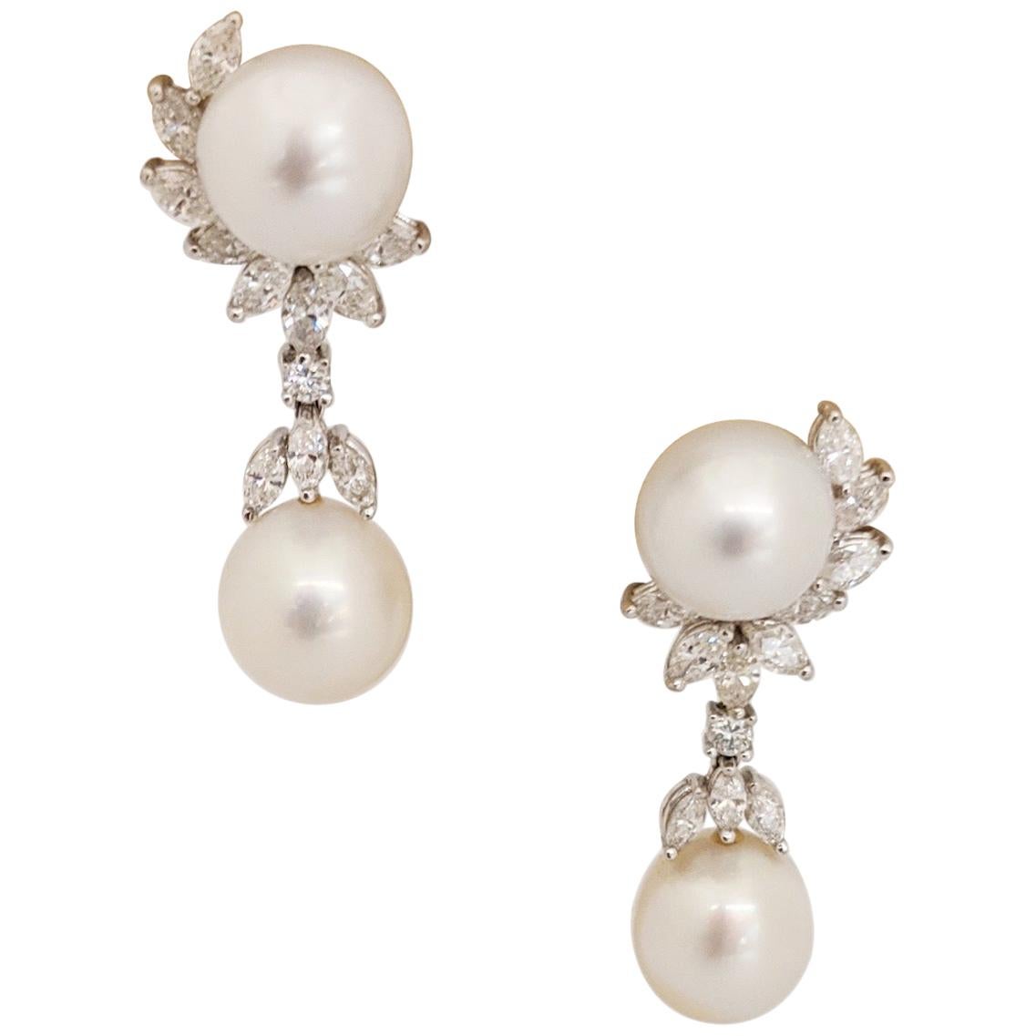 Platinum and 18kt White Gold Earrings with South Sea Pearls and 3.07ct Diamonds For Sale
