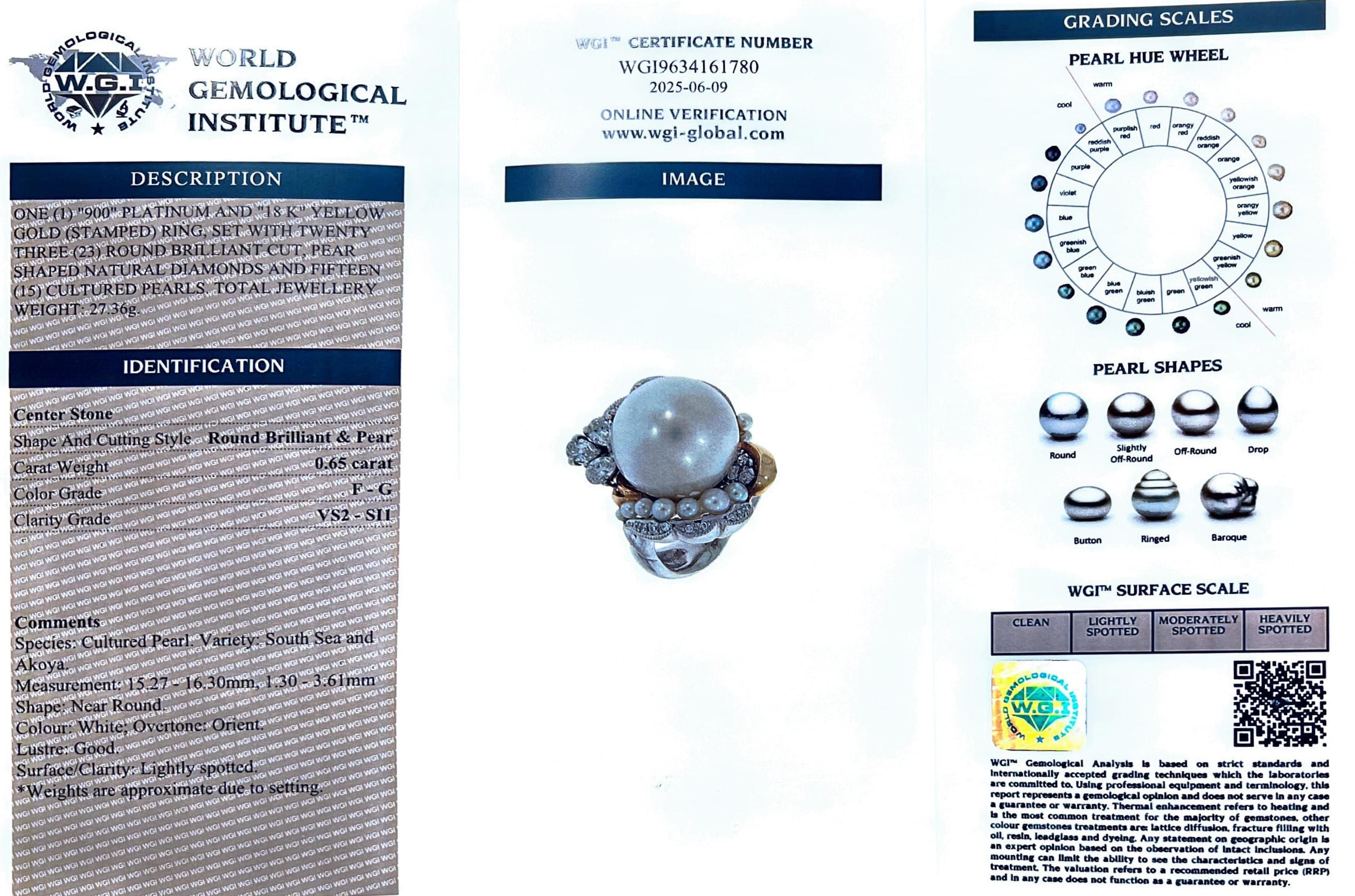 Platinum and 18kt. white gold South Sea and Akoya cultured pearl cocktail ring For Sale 5