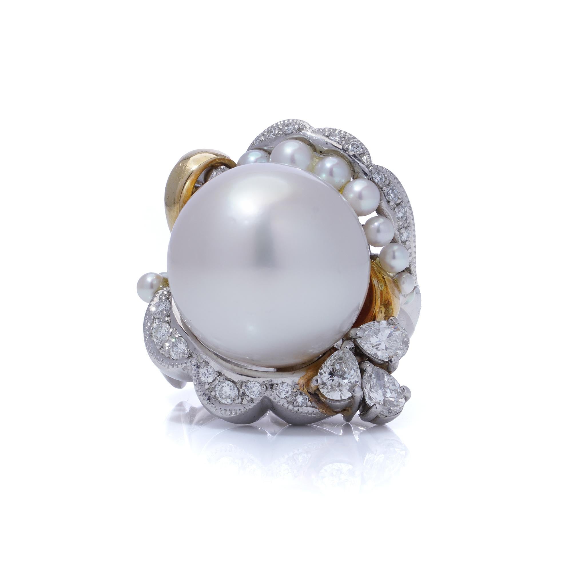 Round Cut Platinum and 18kt. white gold South Sea and Akoya cultured pearl cocktail ring For Sale