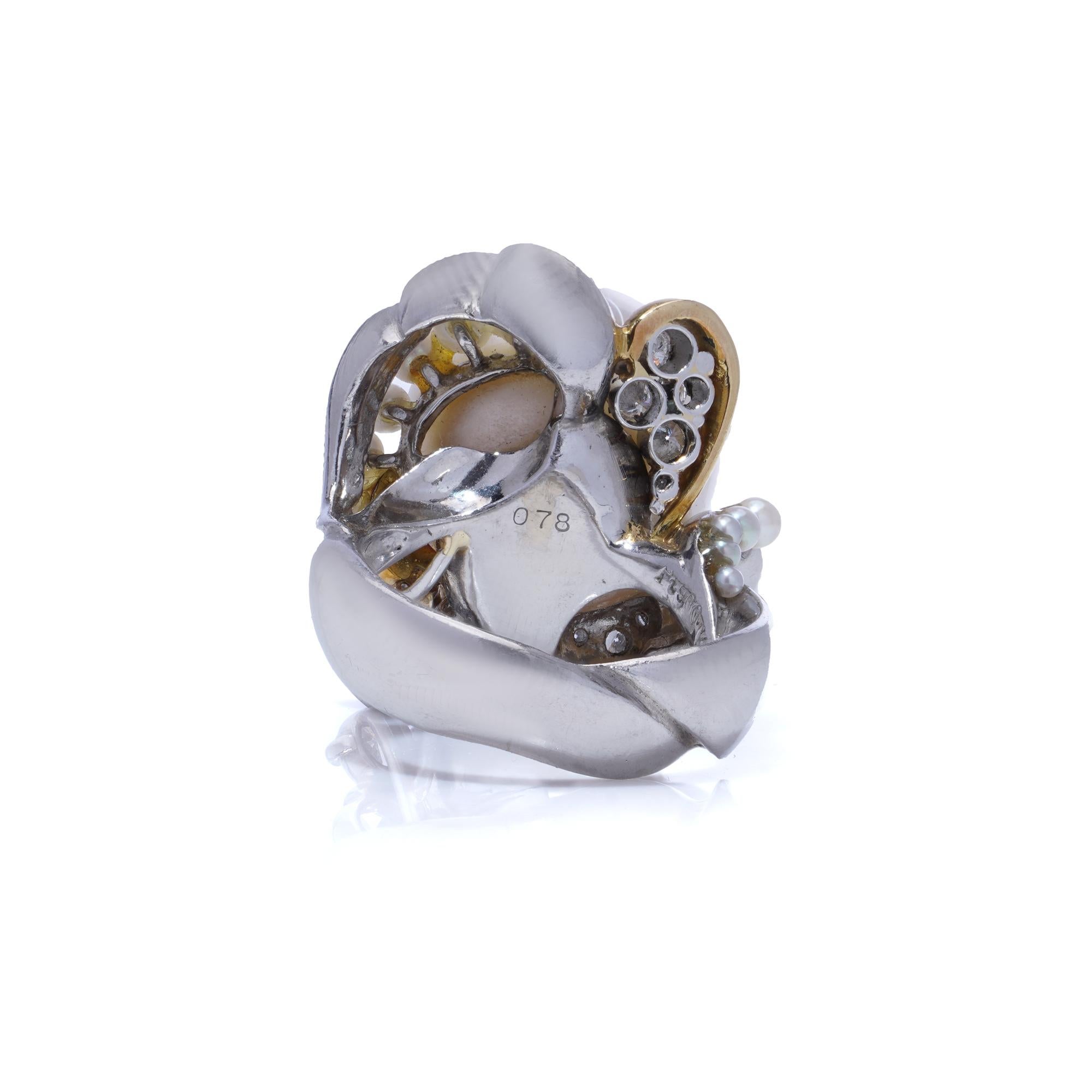 Women's Platinum and 18kt. white gold South Sea and Akoya cultured pearl cocktail ring For Sale