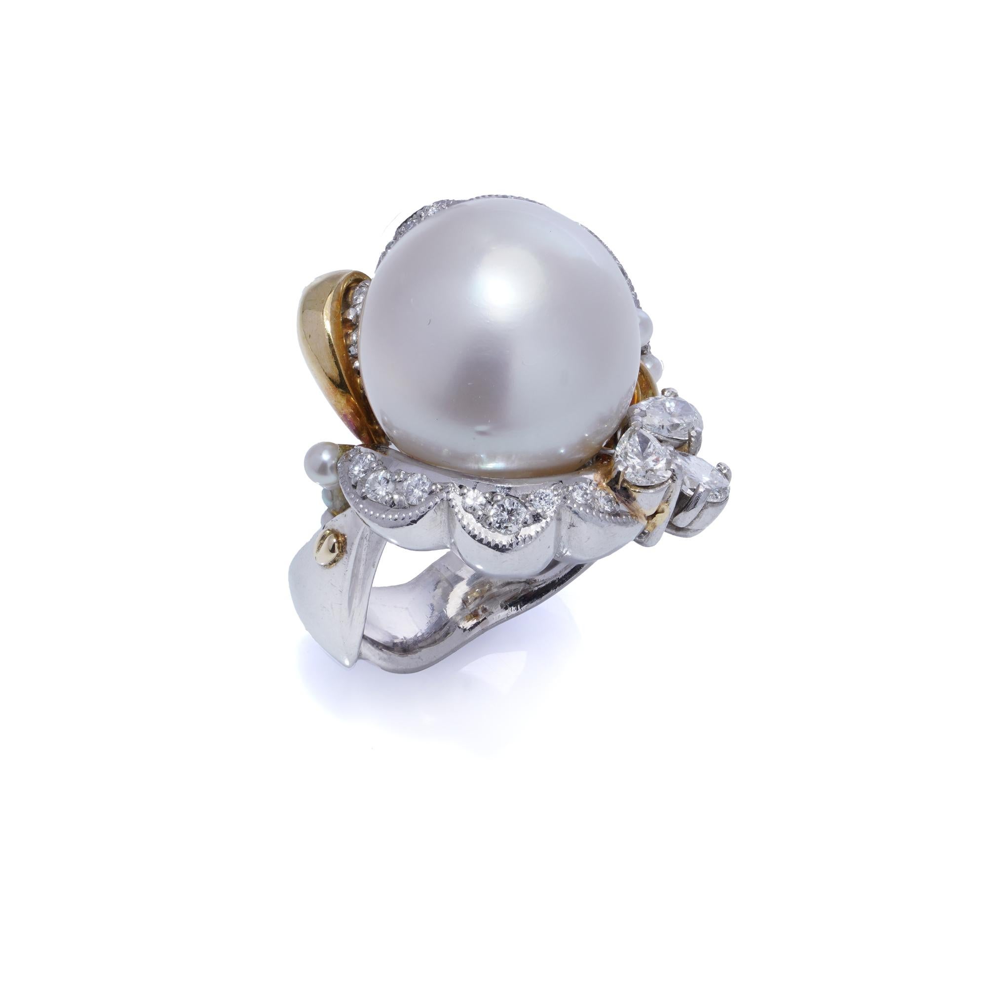 Platinum and 18kt. white gold South Sea and Akoya cultured pearl cocktail ring For Sale 1