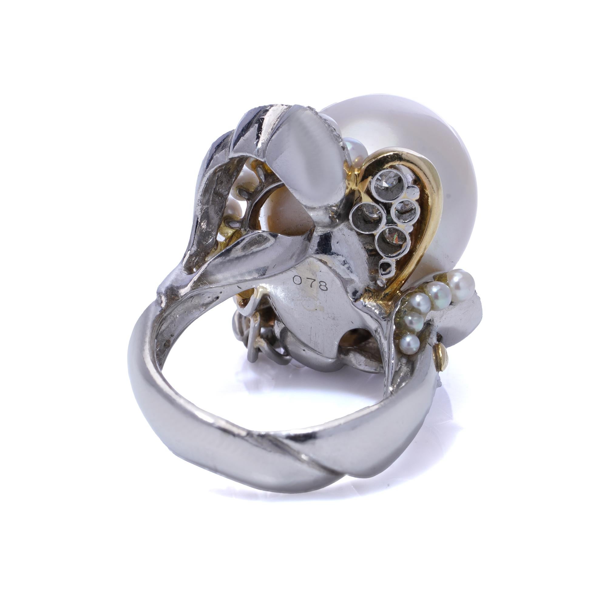 Platinum and 18kt. white gold South Sea and Akoya cultured pearl cocktail ring For Sale 2