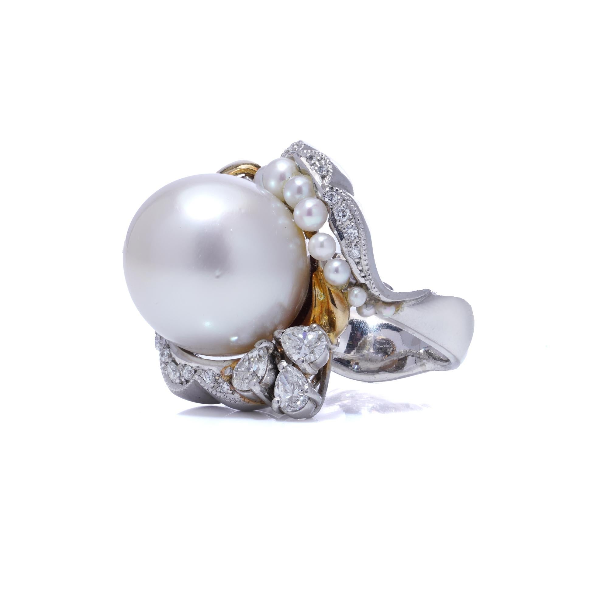 Platinum and 18kt. white gold South Sea and Akoya cultured pearl cocktail ring For Sale 4