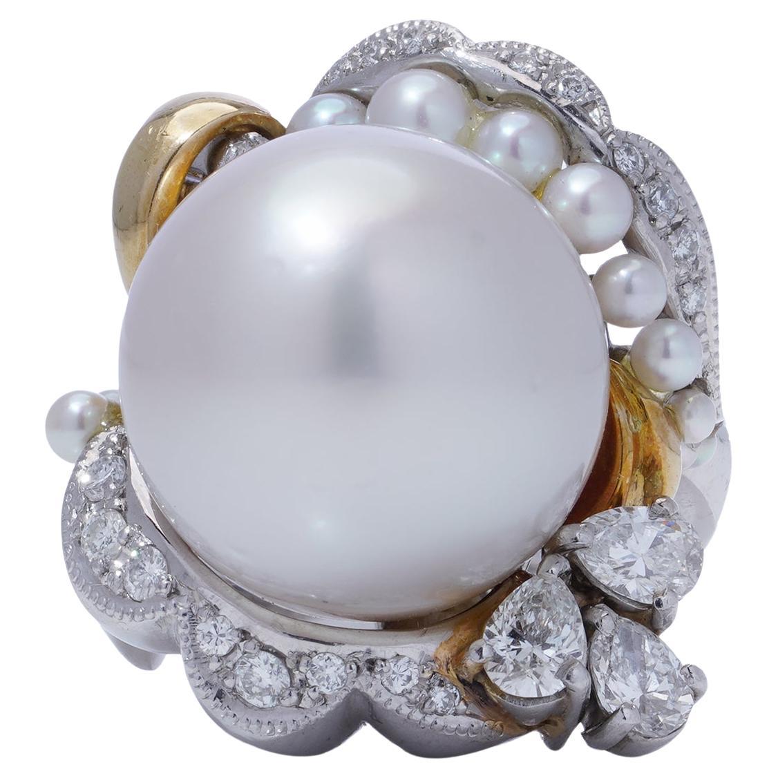 Platinum and 18kt. white gold South Sea cultured pearl cocktail ring