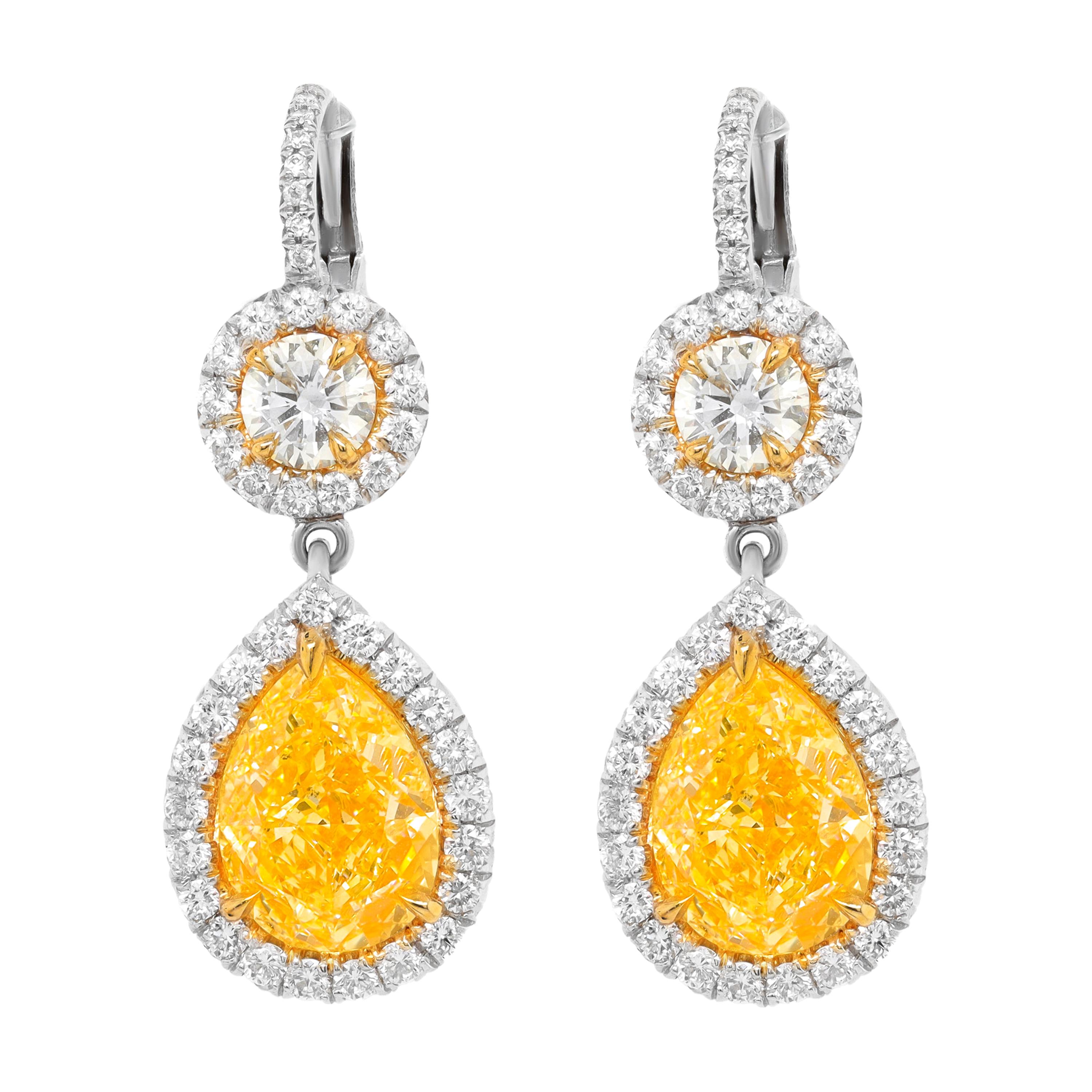 Boucles d'oreilles en platine et or jaune 18 carats avec diamant jaune fantaisie 