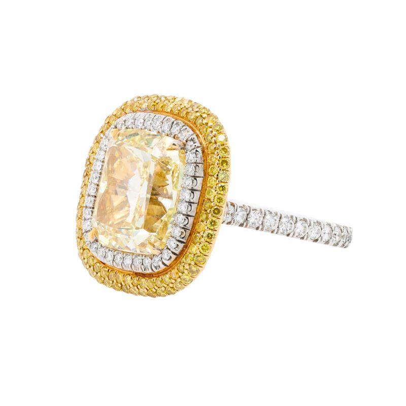 Asscher Cut Platinum and 18KT Yellow Gold Engagement Ring with Center Cushion Cut Diamond For Sale