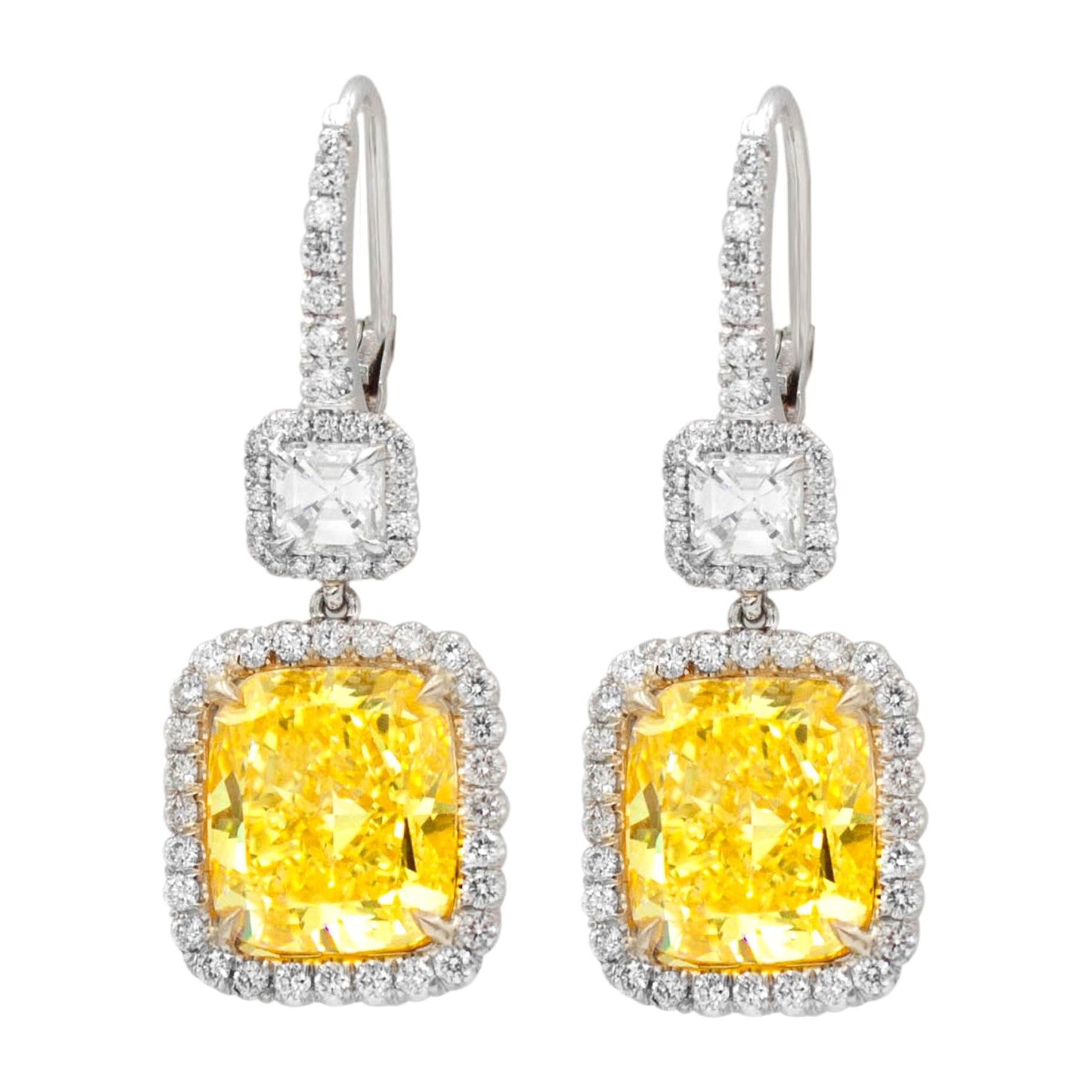 Platinum and 18kt Yellow Gold Fancy Yellow Diamond Earrings For Sale