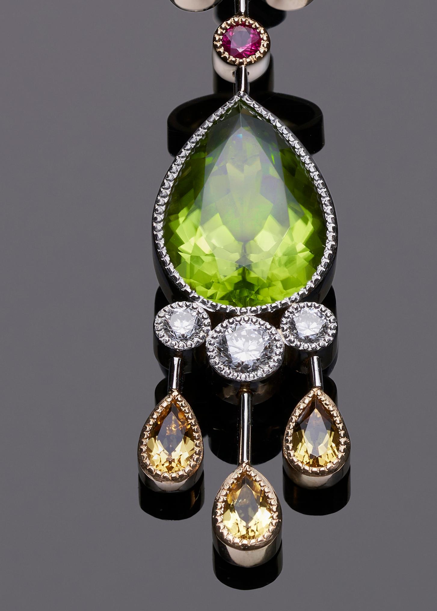 Pear Cut Platinum and 18 Karat Yellow Gold Multicolored Gemstone Chandelier Earrings For Sale