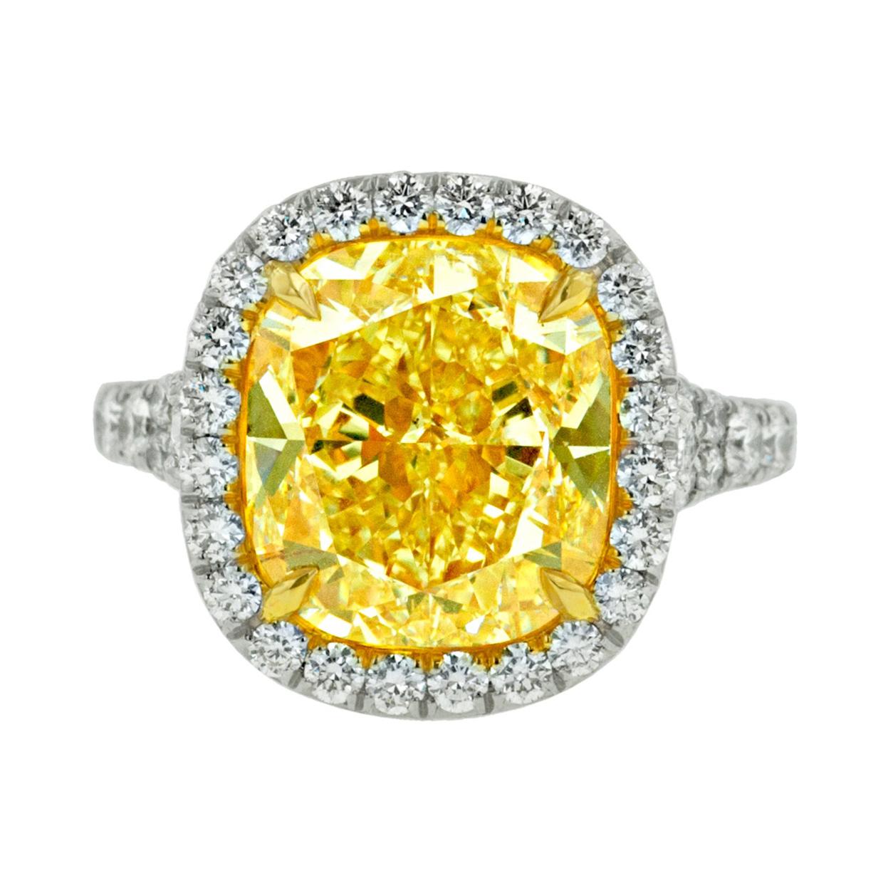 Bague en platine et or jaune 18 carats avec diamant jaune fantaisie