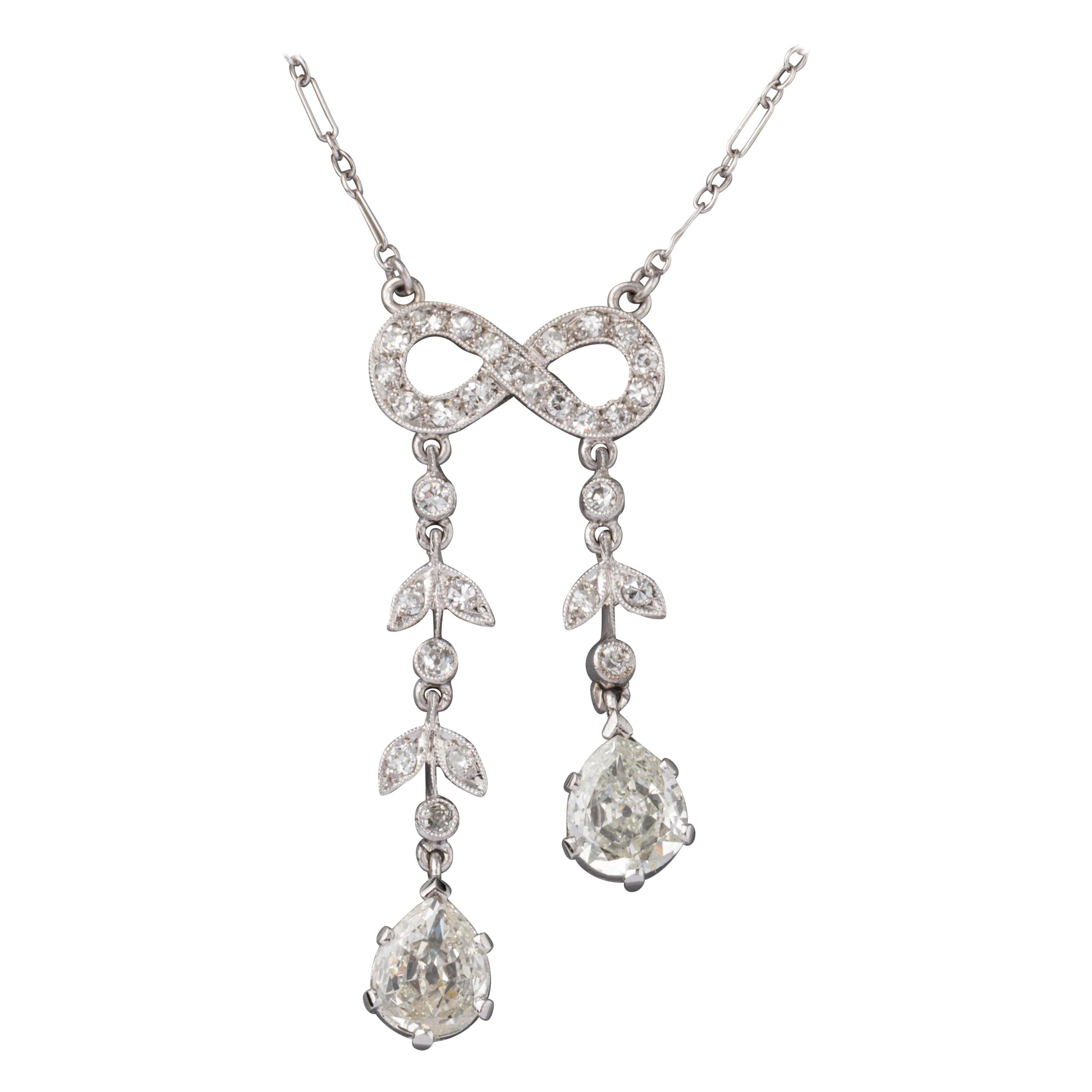 Platinum and 1.90 Carats Diamonds French Antique Necklace For Sale