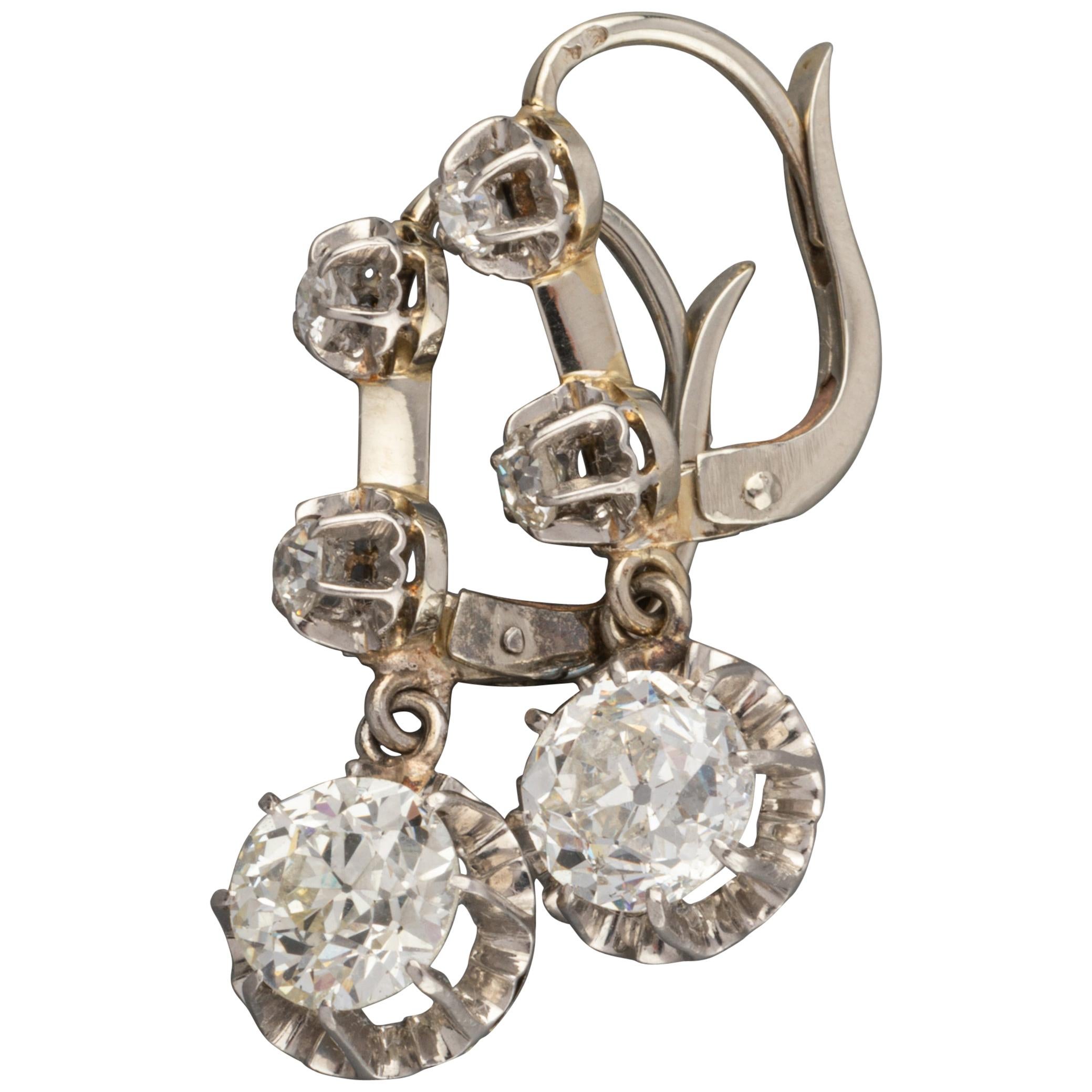 Platinum and 2 Carat Diamonds Antique French Earrings