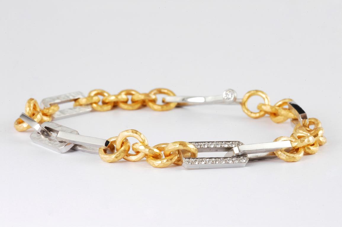 Contemporary Platinum and 22 Karat Gold Handmade Brilliant Cut Diamond Link Bracelet For Sale