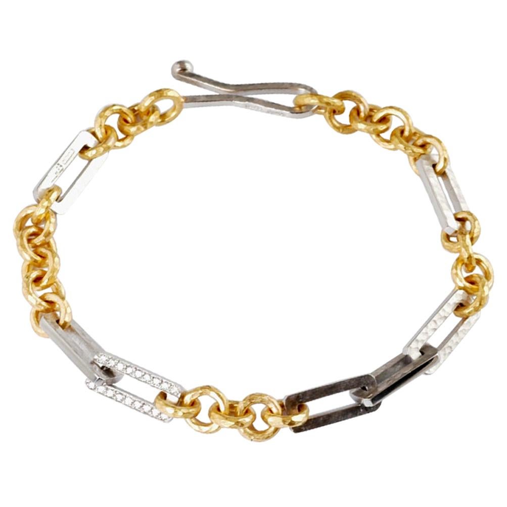 Platinum and 22 Karat Gold Handmade Brilliant Cut Diamond Link Bracelet For Sale