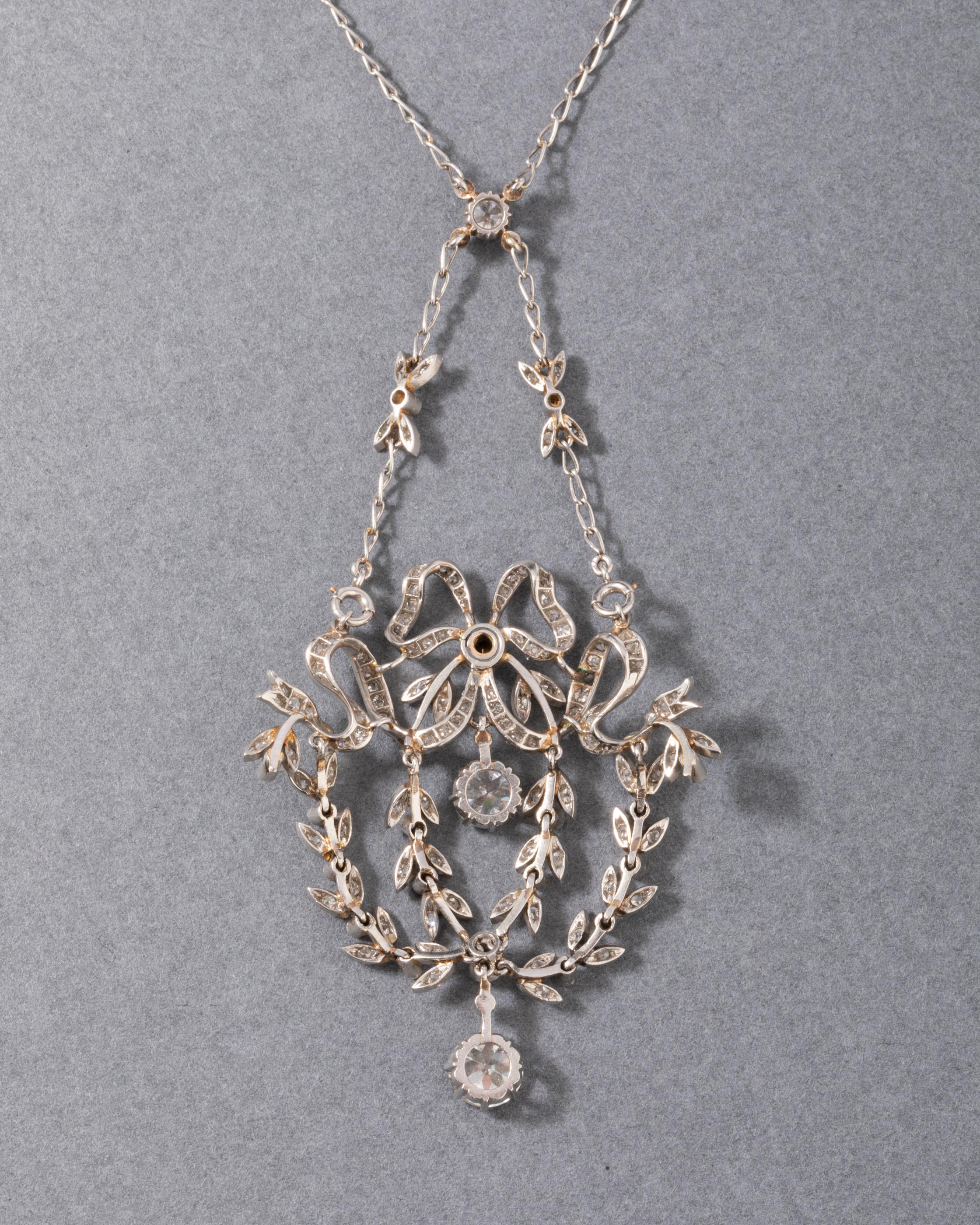 Platinum and 3 Carats Diamonds French Belle Epoque Pendant Necklace For Sale 2